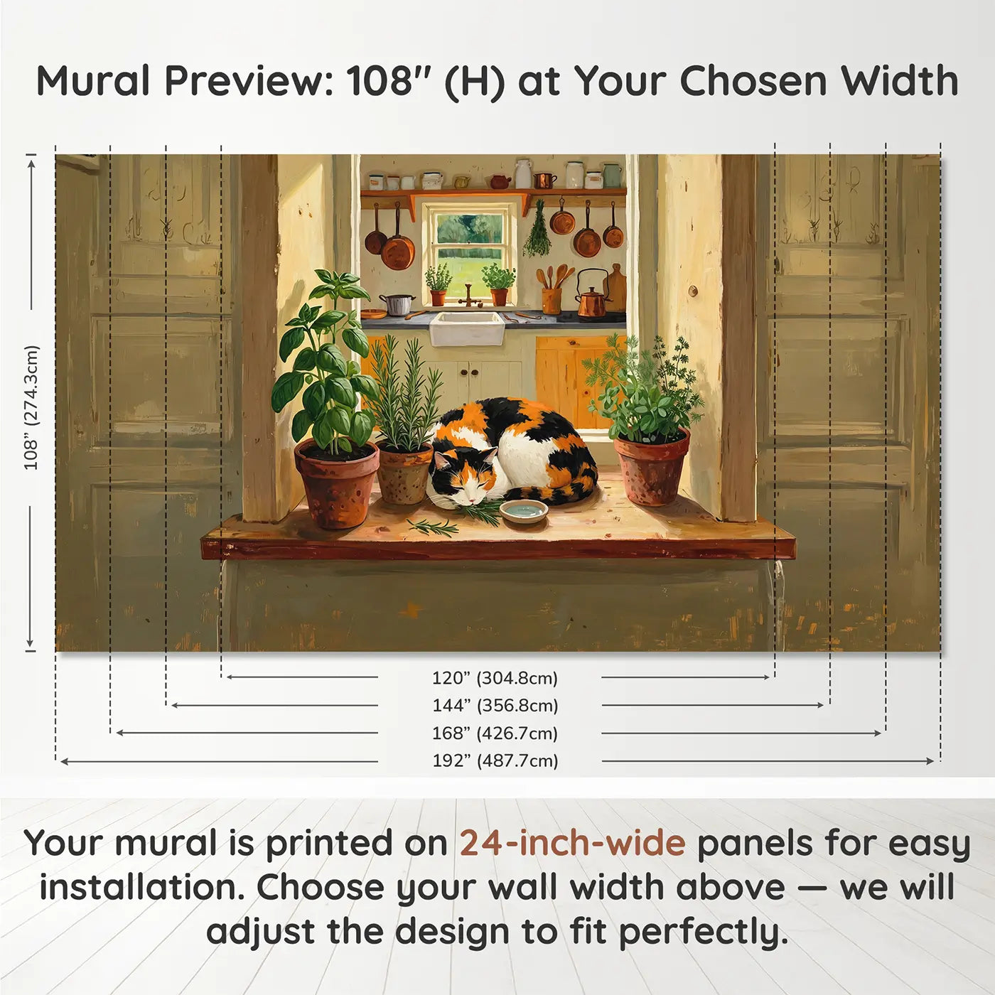 Panel layout and dimensions for Calico Cat Kitchen Herb Windowsill Wallpaper Mural by Whimsy Tots