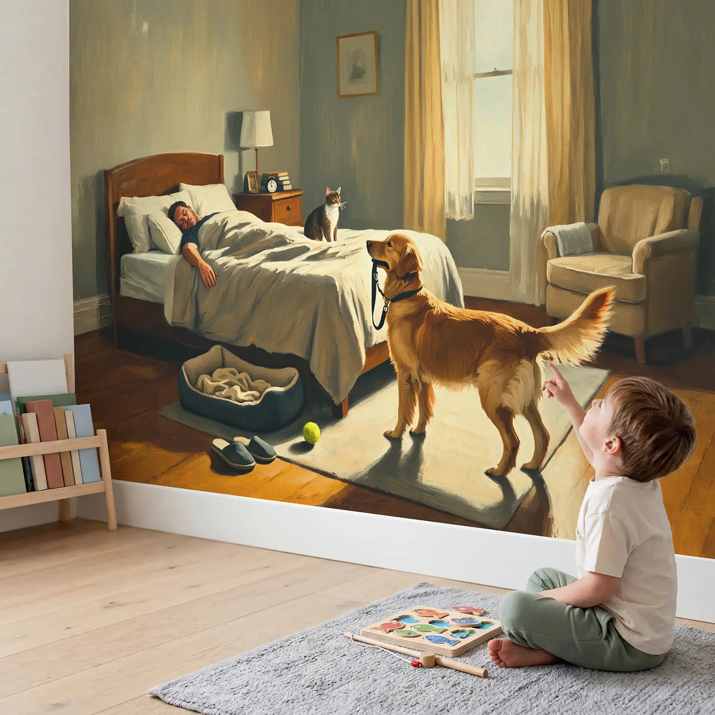 Child in nursery with Golden Retriever Morning Walk Request Wallpaper Mural by Whimsy Tots