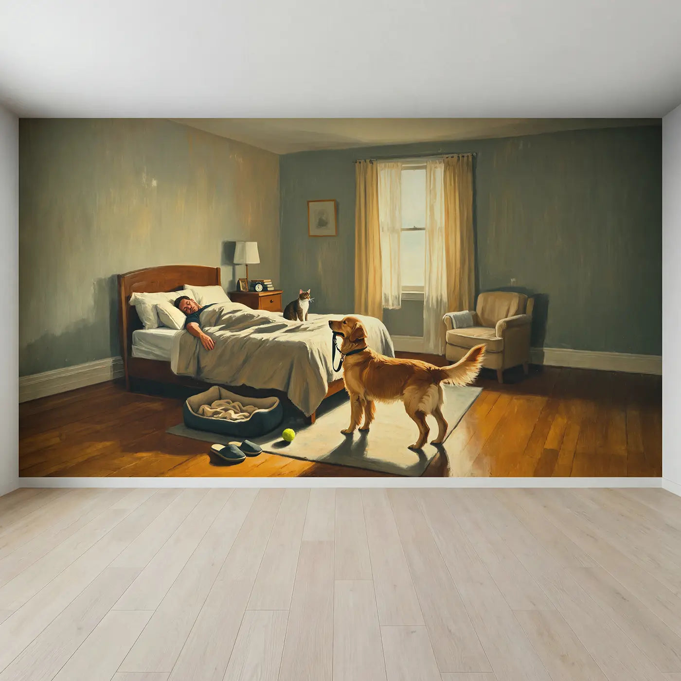 Full view of Golden Retriever Morning Walk Request Wallpaper Mural by Whimsy Tots