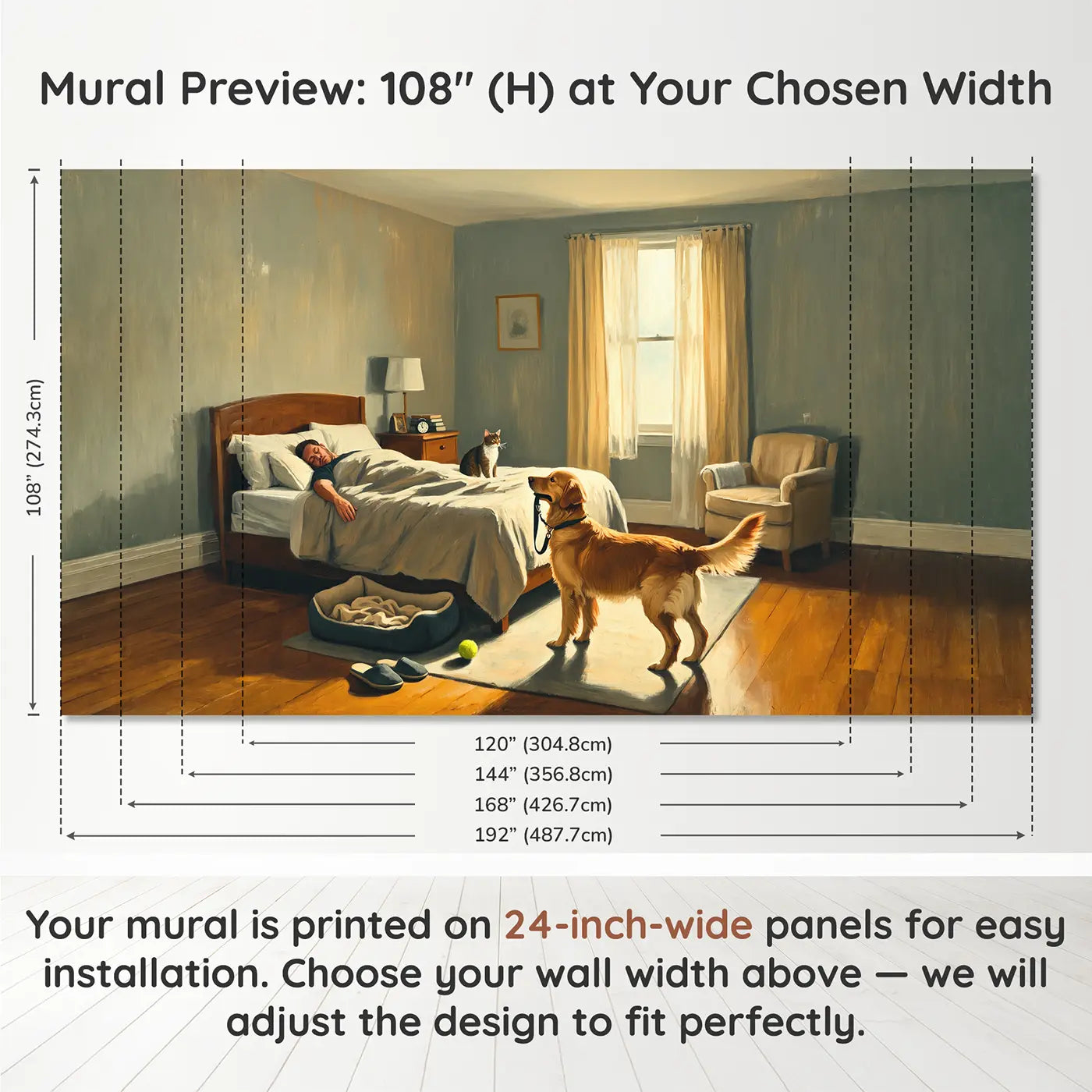 Panel layout and dimensions for Golden Retriever Morning Walk Request Wallpaper Mural by Whimsy Tots