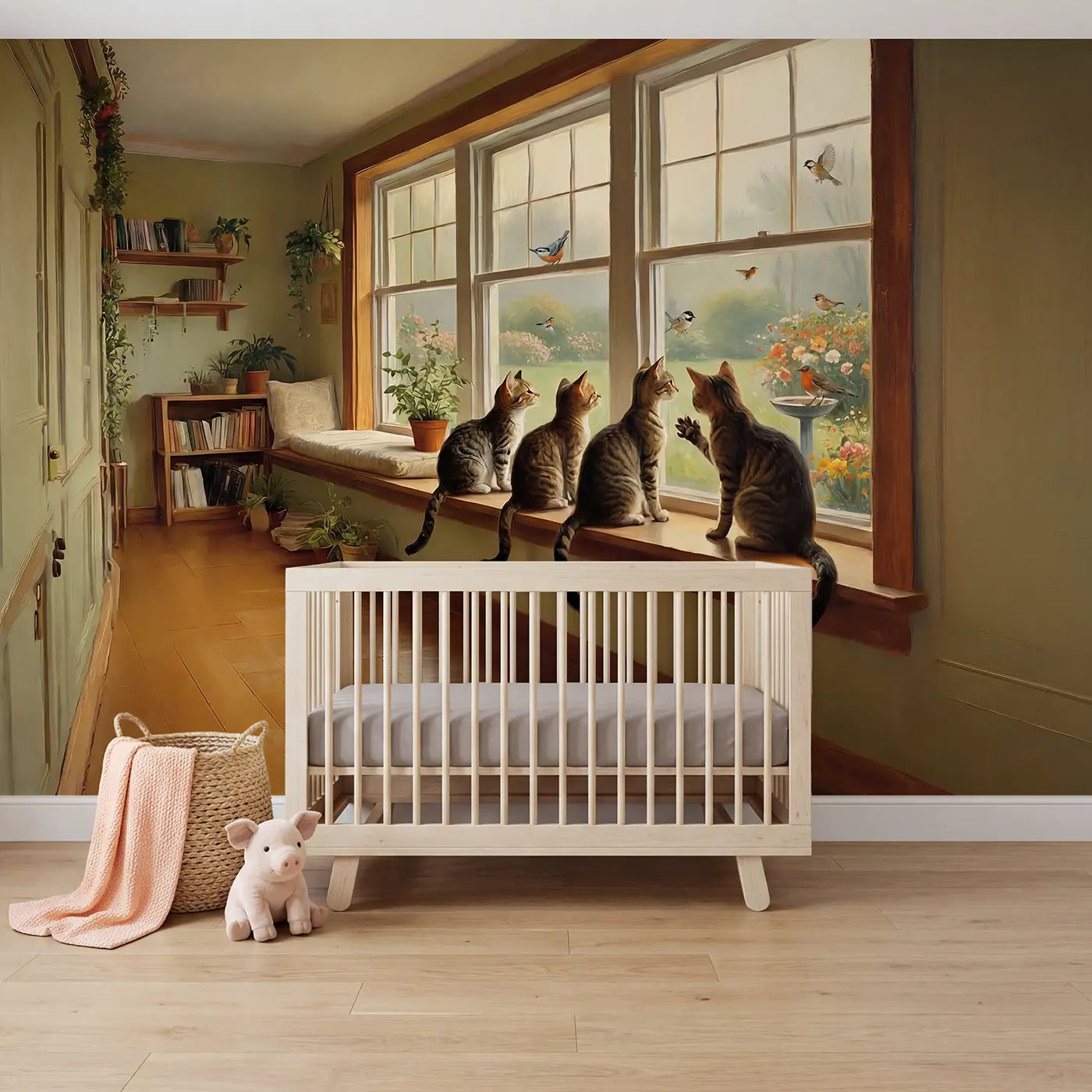 Painted landscape cat family windowsill garden wallpaper mural for girls room by Whimsy Tots