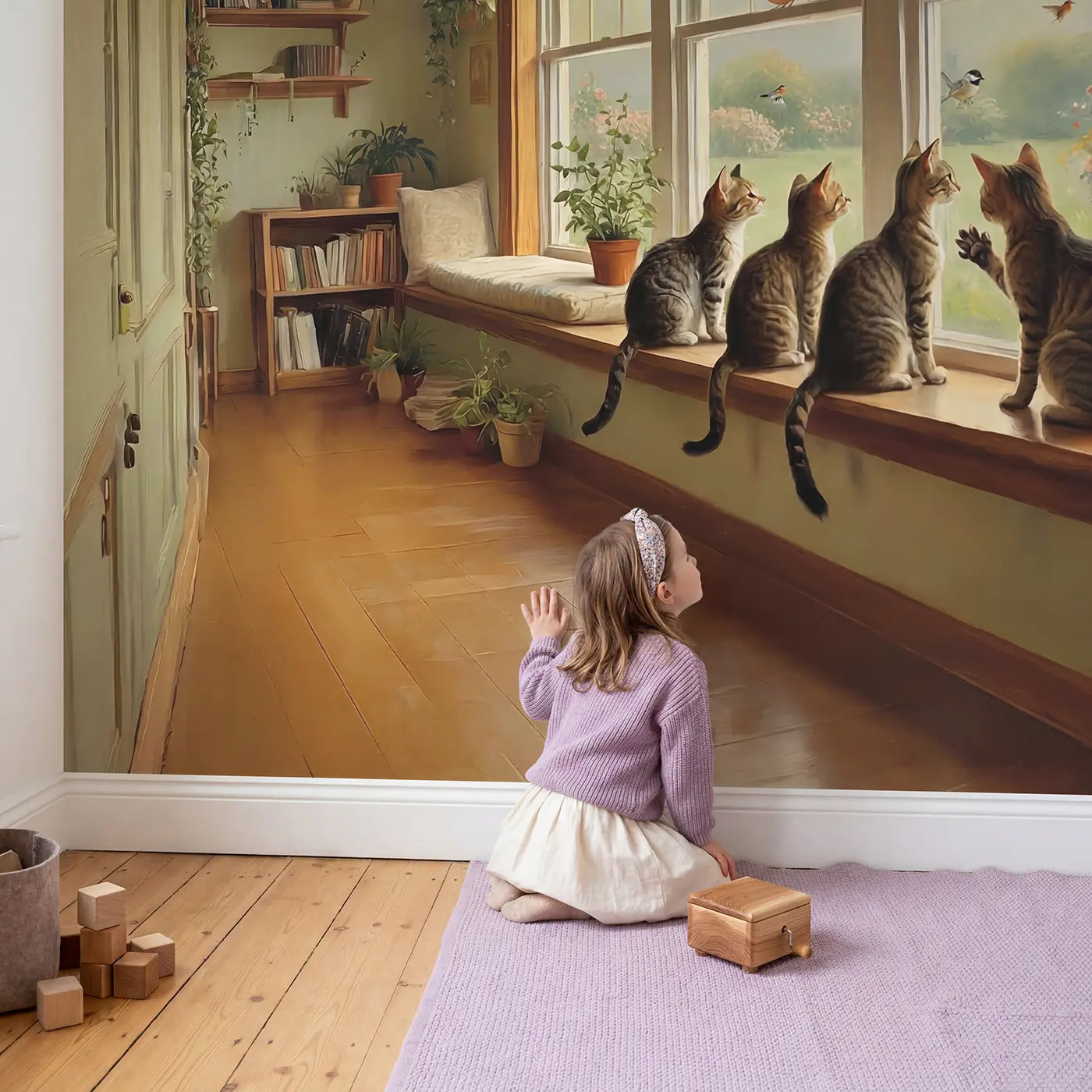 Child in nursery with Windowsill Cat Family Wallpaper Mural by Whimsy Tots