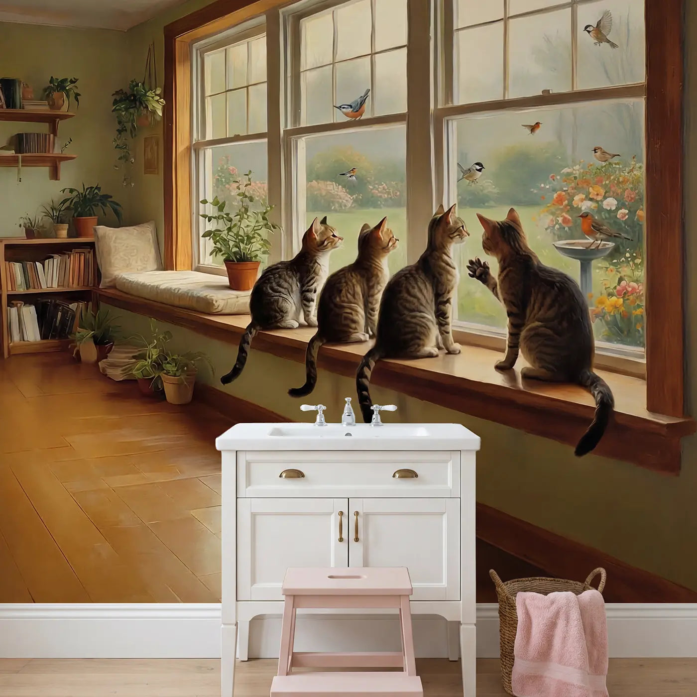 Windowsill Cat Family Wallpaper Mural in playroom setting by Whimsy Tots