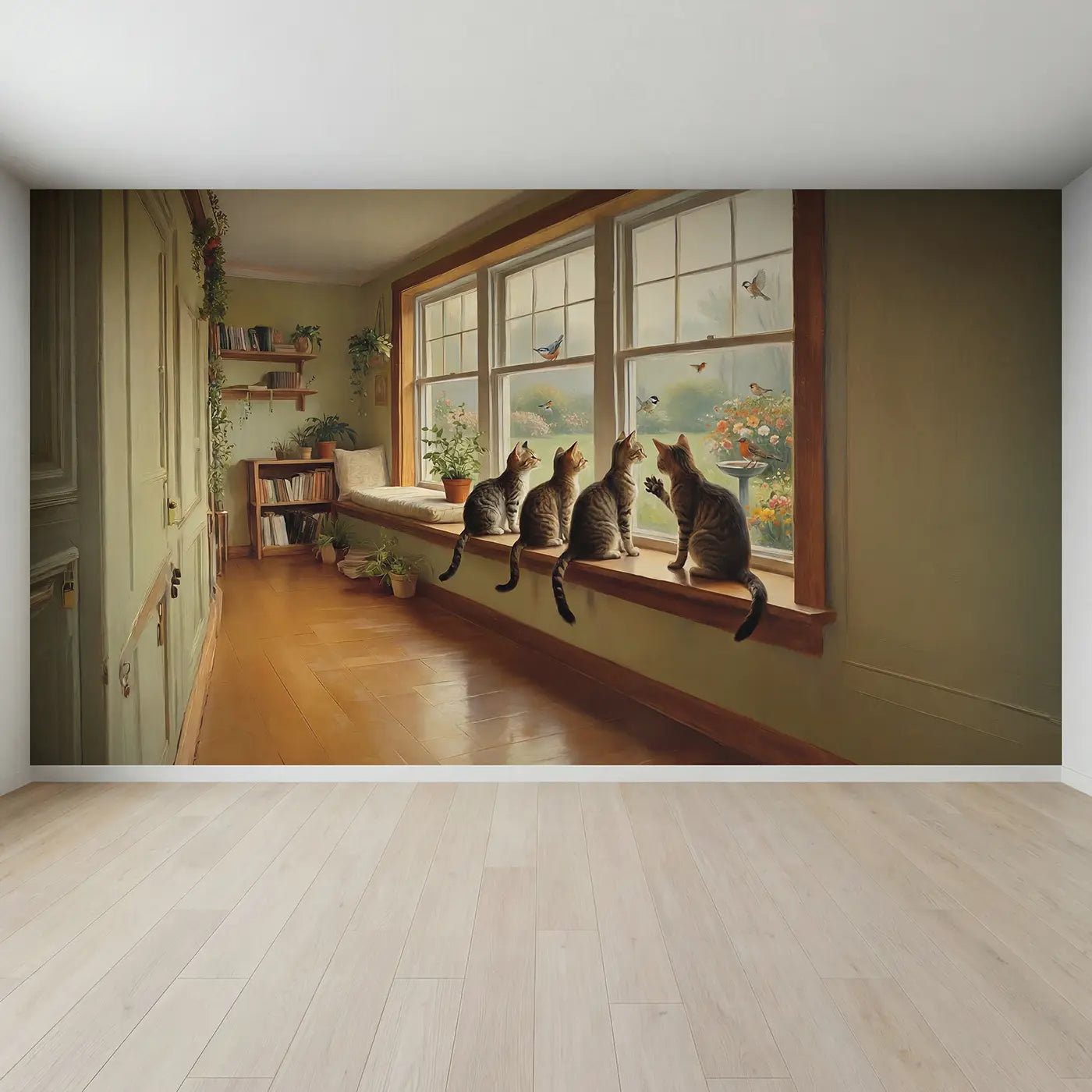 Full view of Windowsill Cat Family Wallpaper Mural by Whimsy Tots