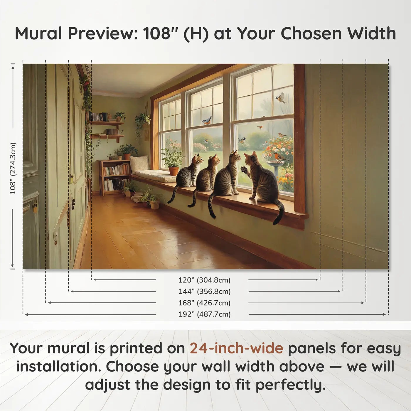 Panel layout and dimensions for Windowsill Cat Family Wallpaper Mural by Whimsy Tots