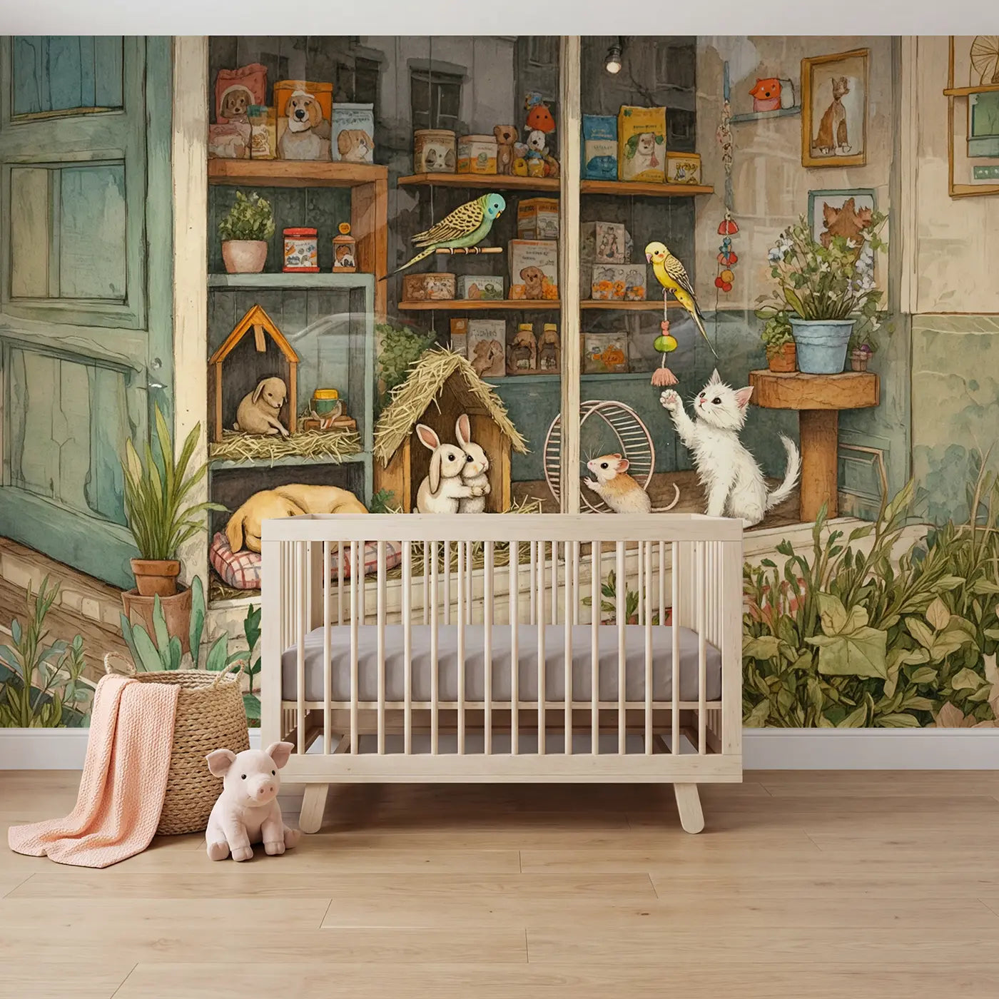 Storybook pet shop puppy kitten window wallpaper mural for girls room by Whimsy Tots