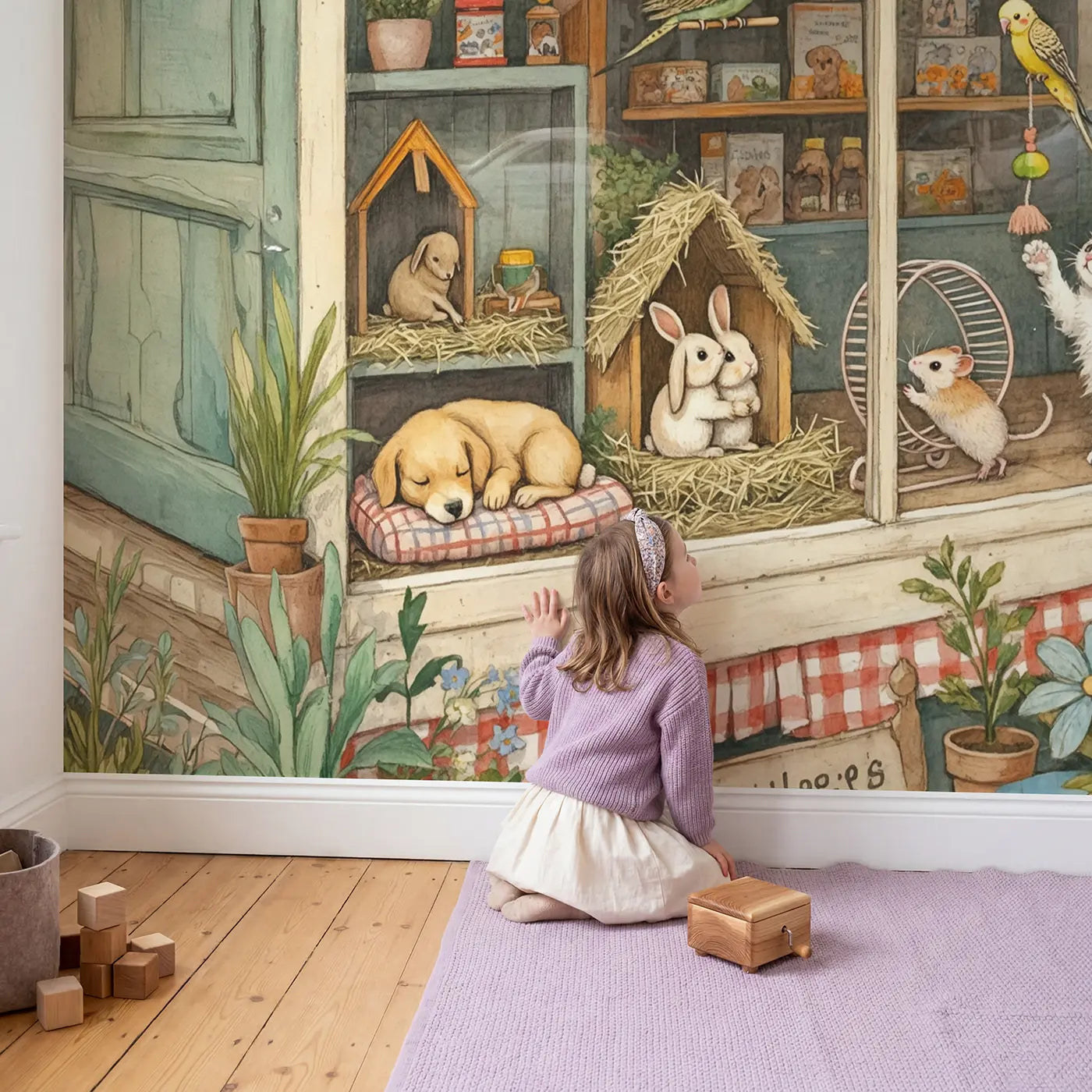 Child in nursery with Pet Shop Window Display Wallpaper Mural by Whimsy Tots