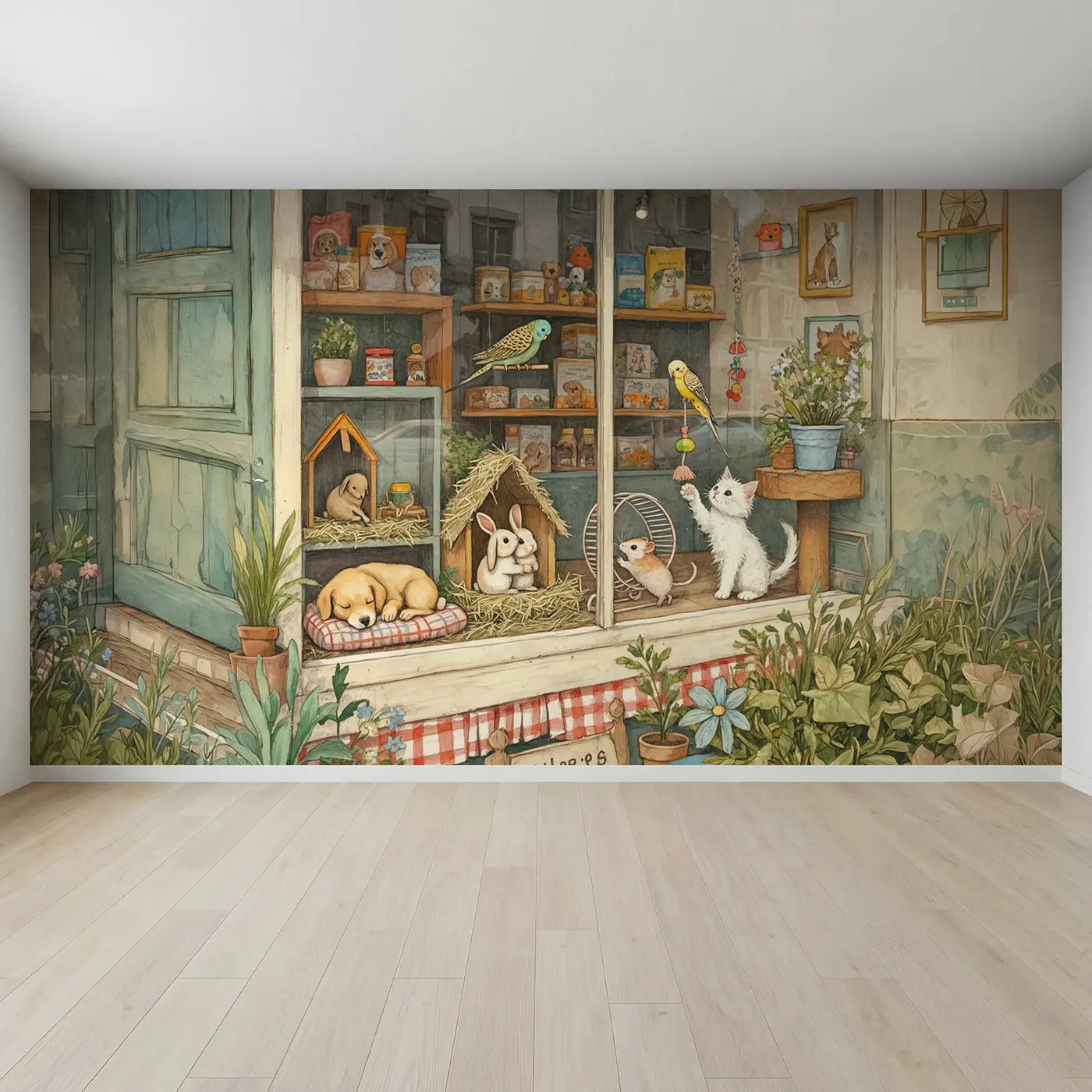 Full view of Pet Shop Window Display Wallpaper Mural by Whimsy Tots