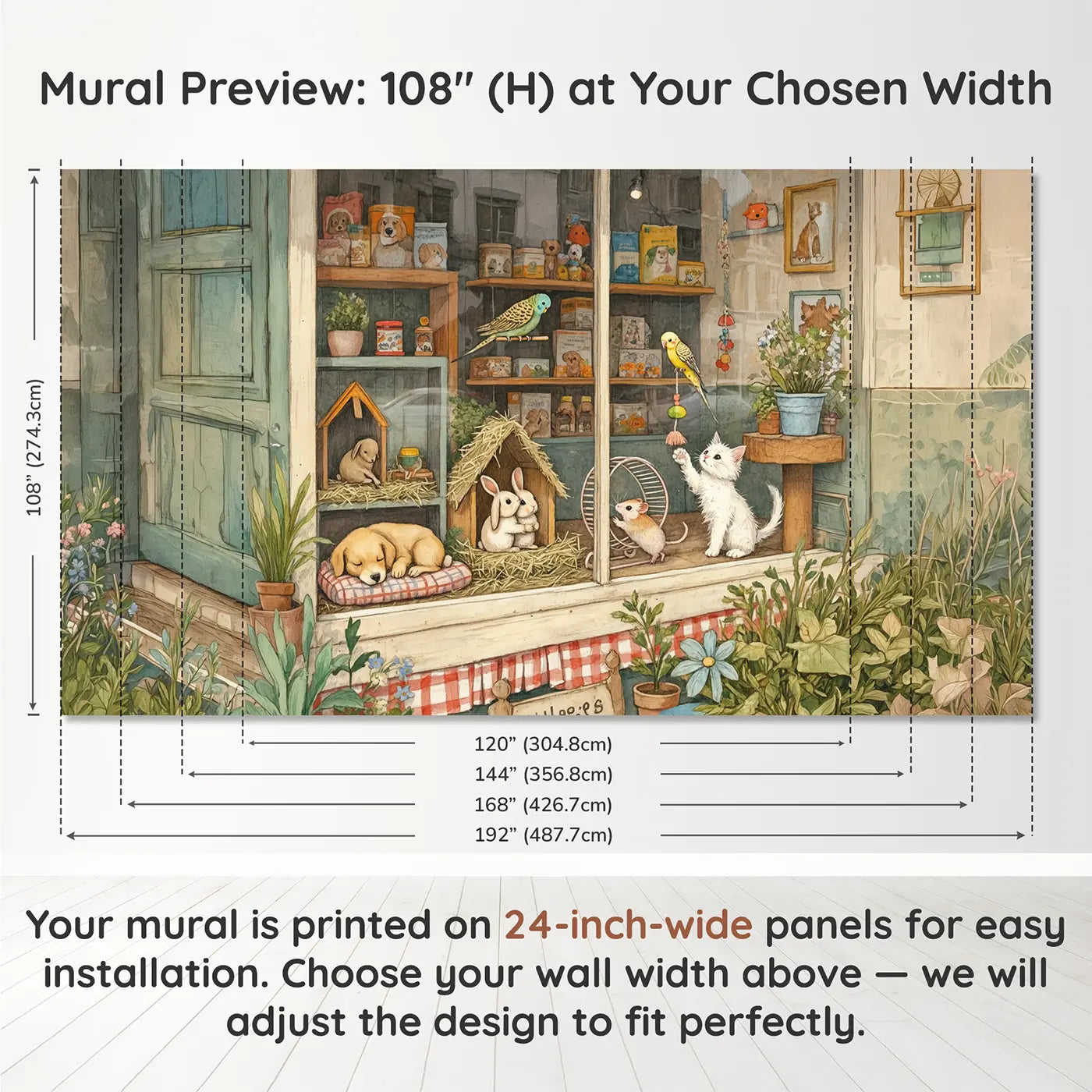 Panel layout and dimensions for Pet Shop Window Display Wallpaper Mural by Whimsy Tots