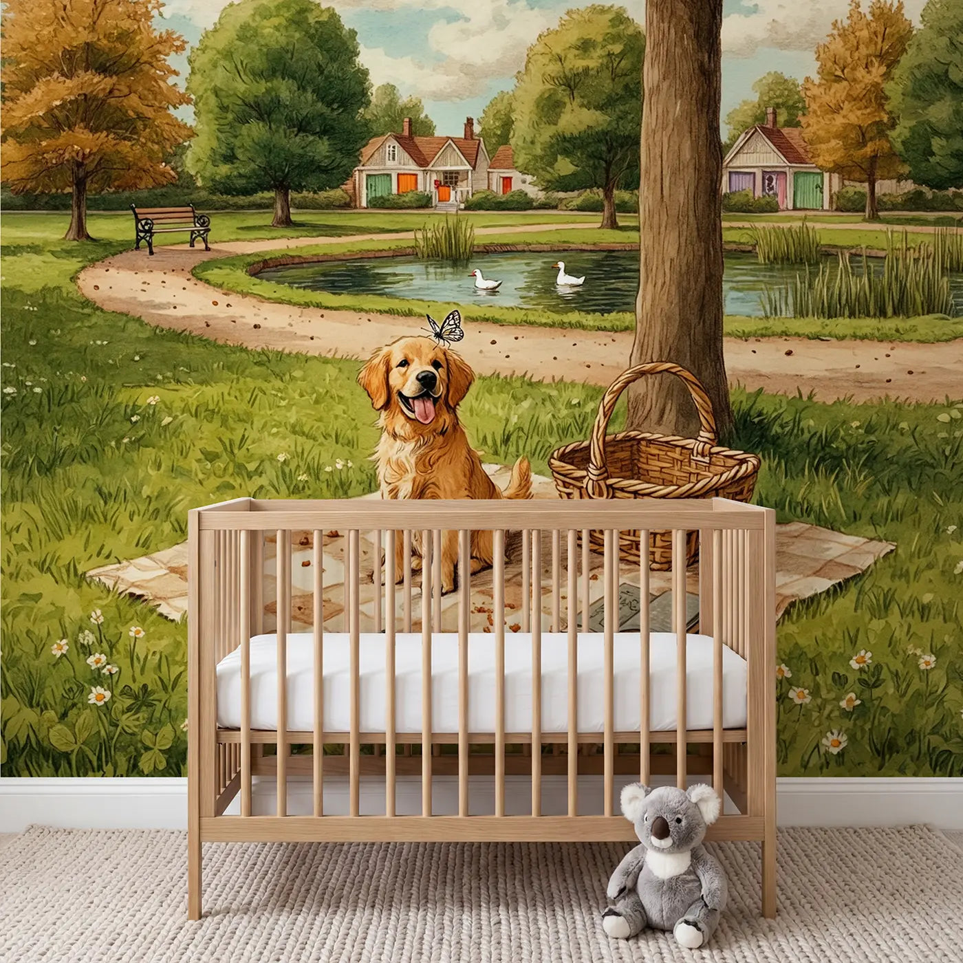 Storybook golden retriever and picnic park wallpaper mural for kids room by Whimsy Tots