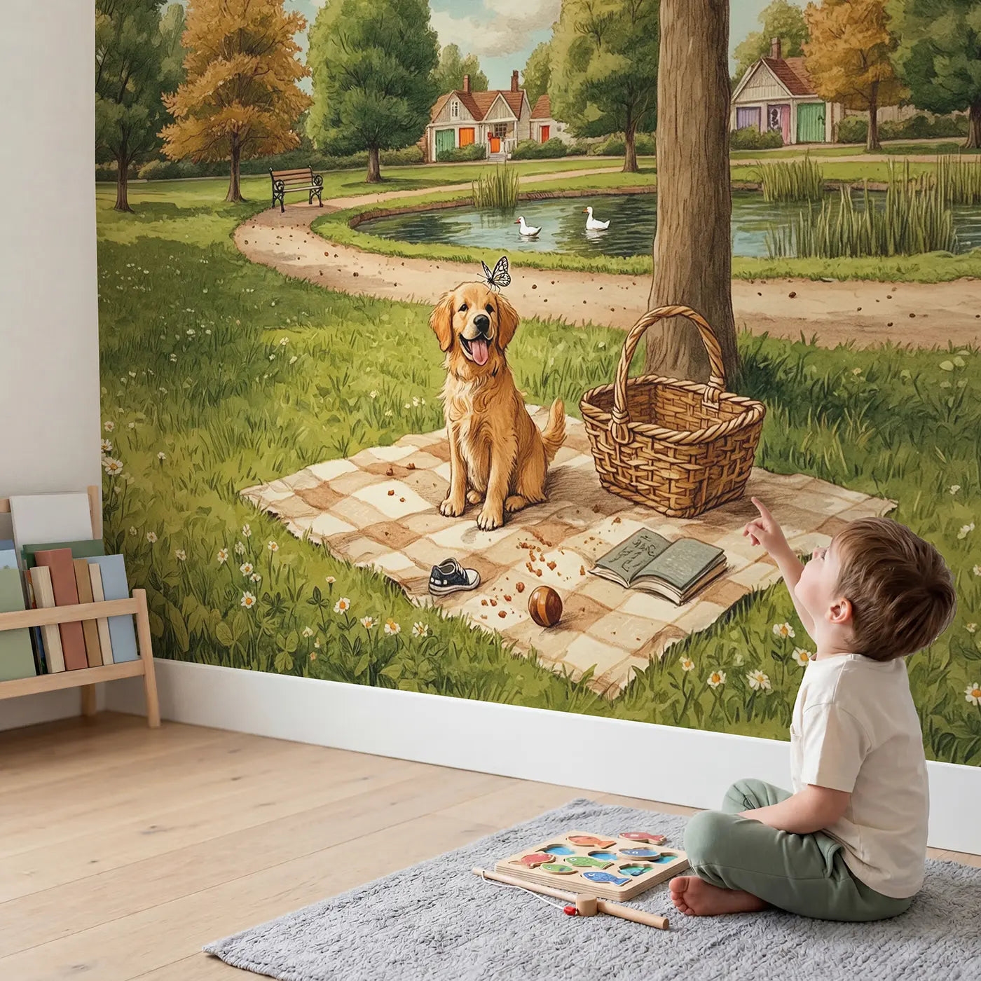 Child in nursery with Golden Retriever Picnic Wallpaper Mural by Whimsy Tots