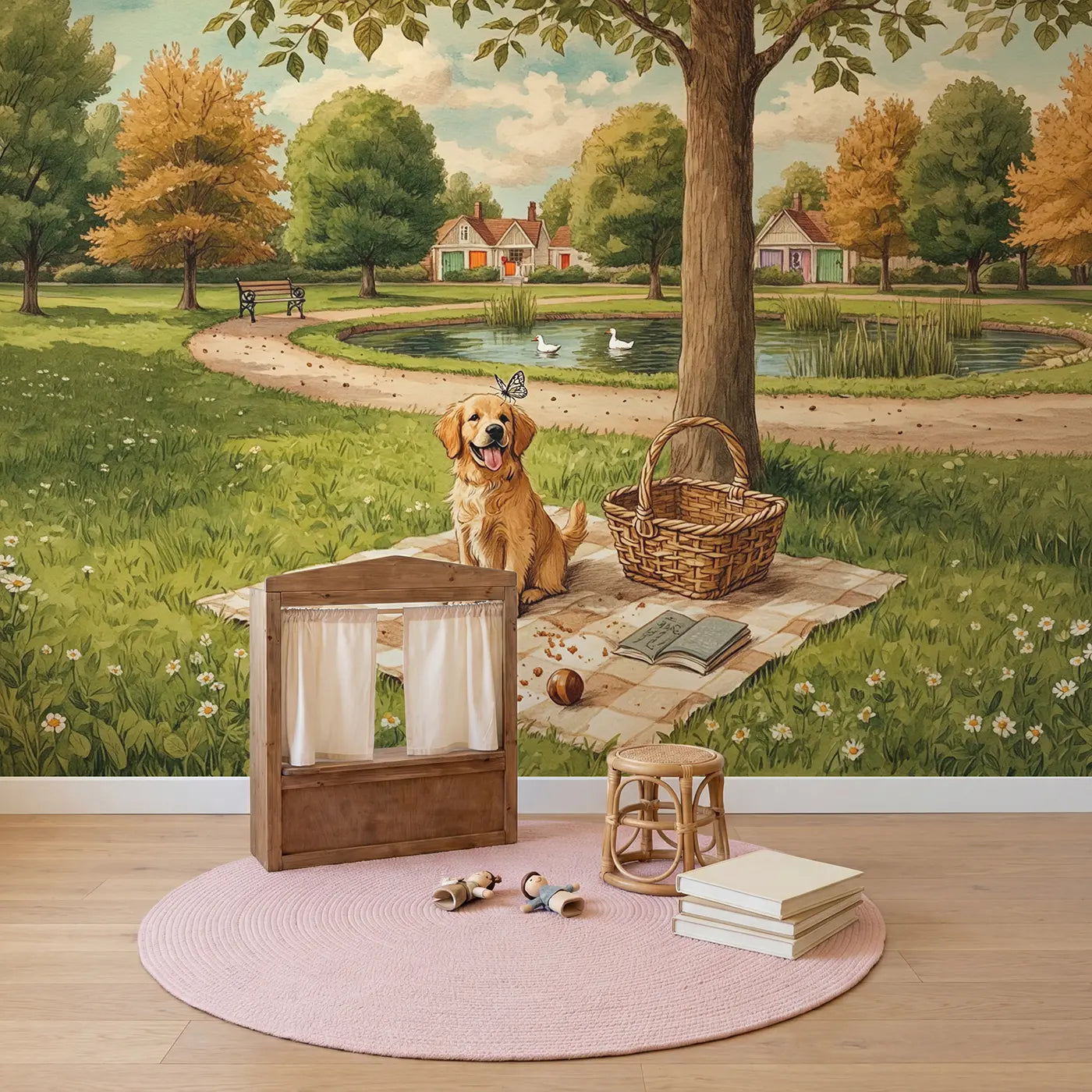 Golden Retriever Picnic Wallpaper Mural in playroom setting by Whimsy Tots