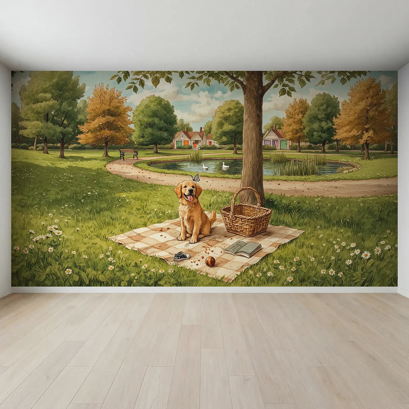 Full view of Golden Retriever Picnic Wallpaper Mural by Whimsy Tots