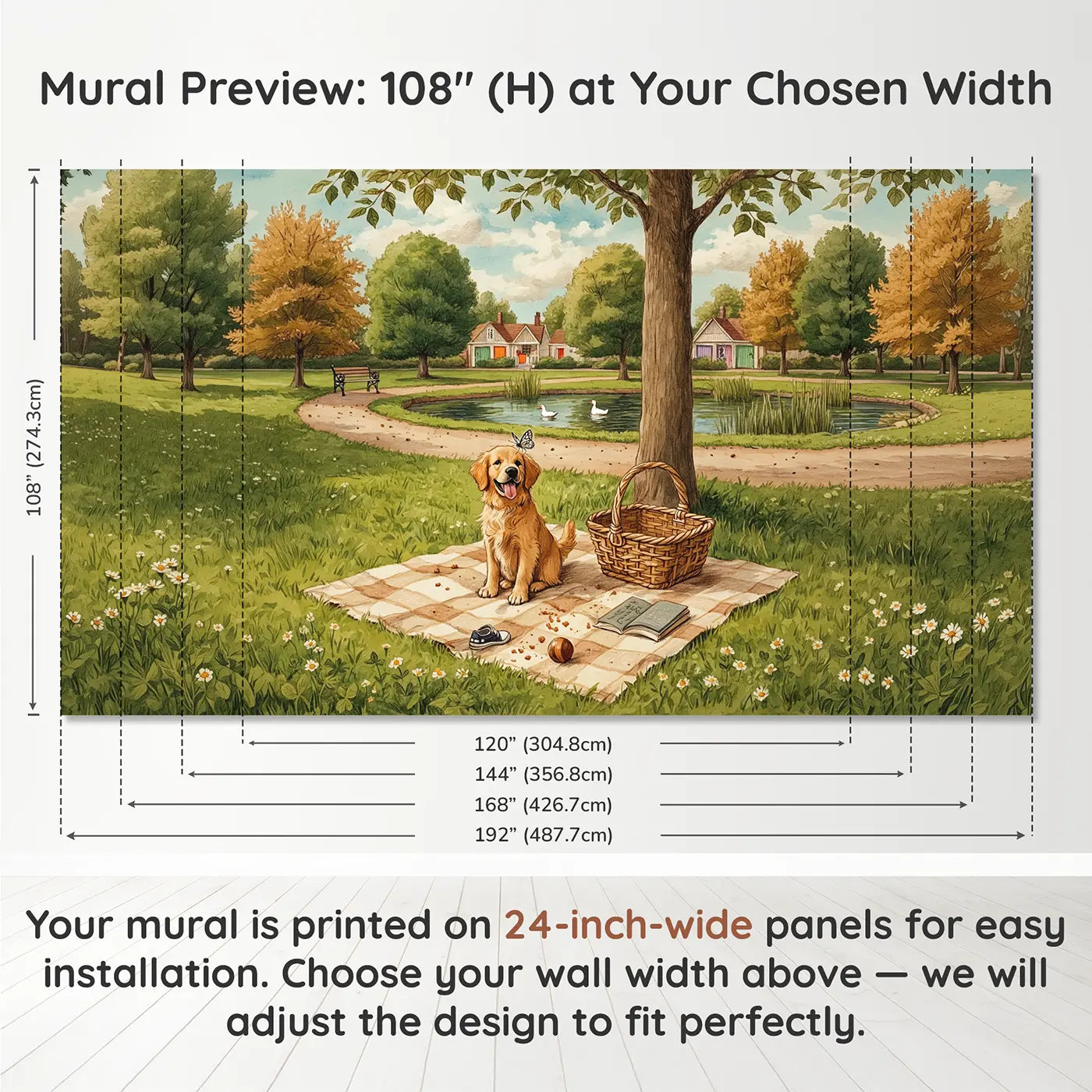 Panel layout and dimensions for Golden Retriever Picnic Wallpaper Mural by Whimsy Tots