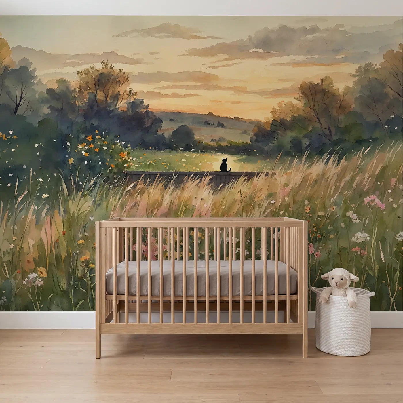 Watercolor cat silhouette fence sunset wallpaper mural for kids room by Whimsy Tots
