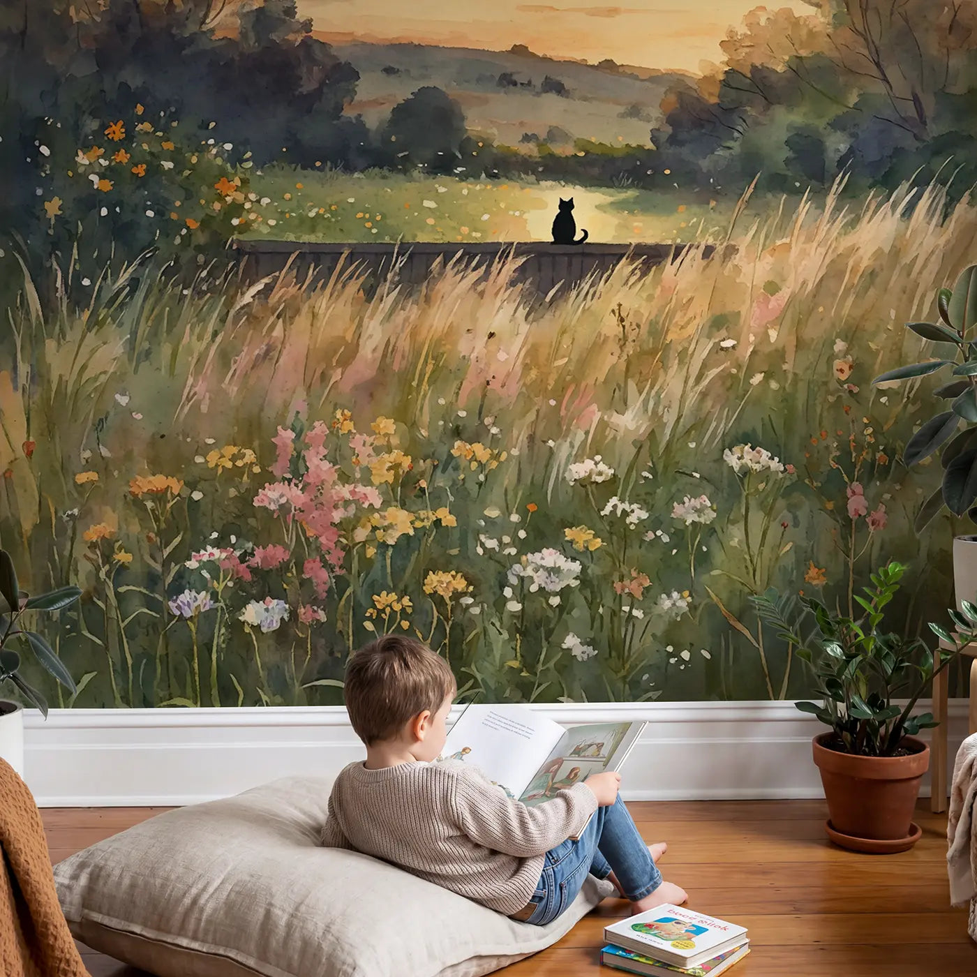 Child in nursery with Cat Silhouette Fence Sunset Wallpaper Mural by Whimsy Tots