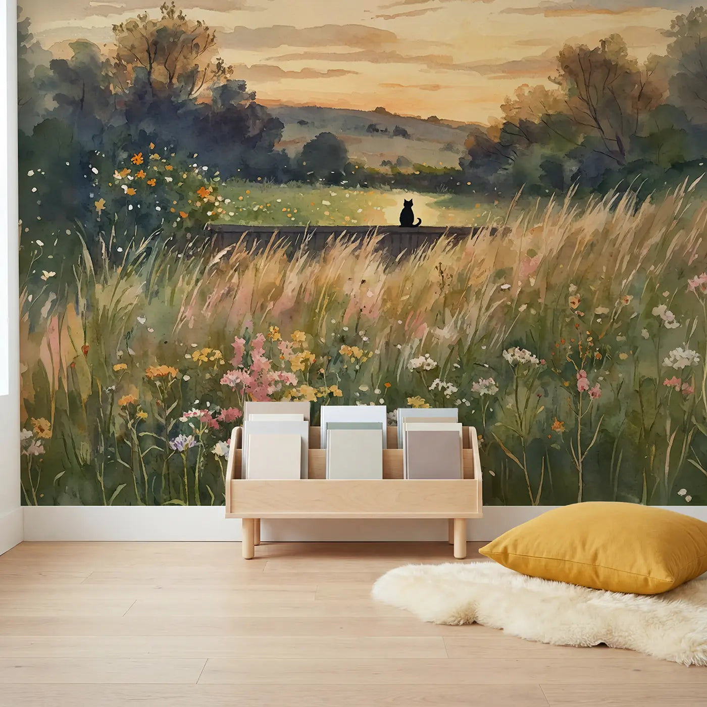 Cat Silhouette Fence Sunset Wallpaper Mural in playroom setting by Whimsy Tots