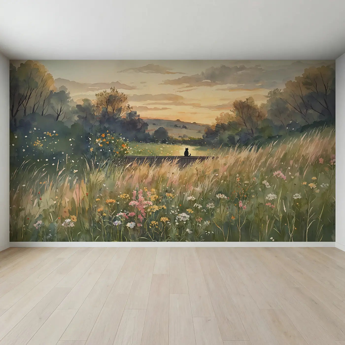 Full view of Cat Silhouette Fence Sunset Wallpaper Mural by Whimsy Tots