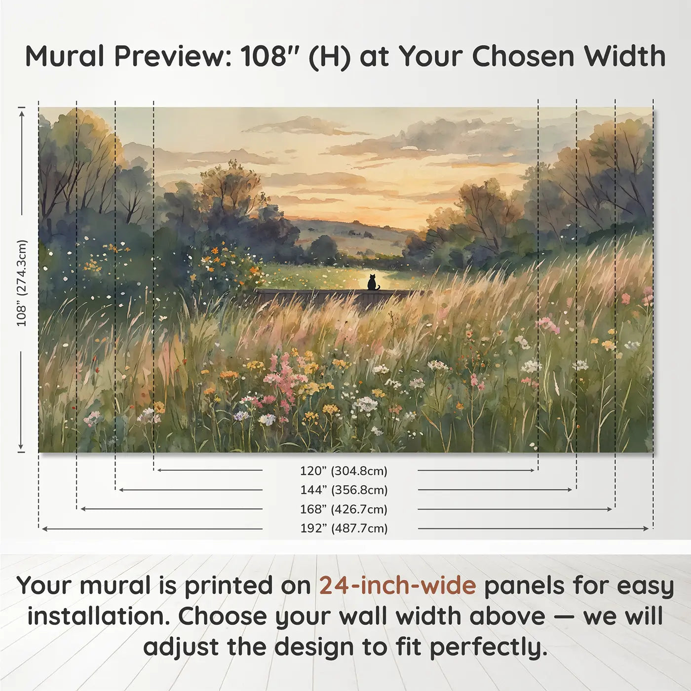 Panel layout and dimensions for Cat Silhouette Fence Sunset Wallpaper Mural by Whimsy Tots