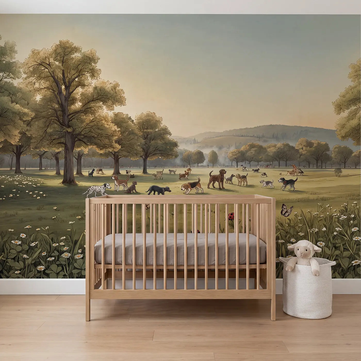 Storybook dog park panorama sunny park wallpaper mural for nursery by Whimsy Tots