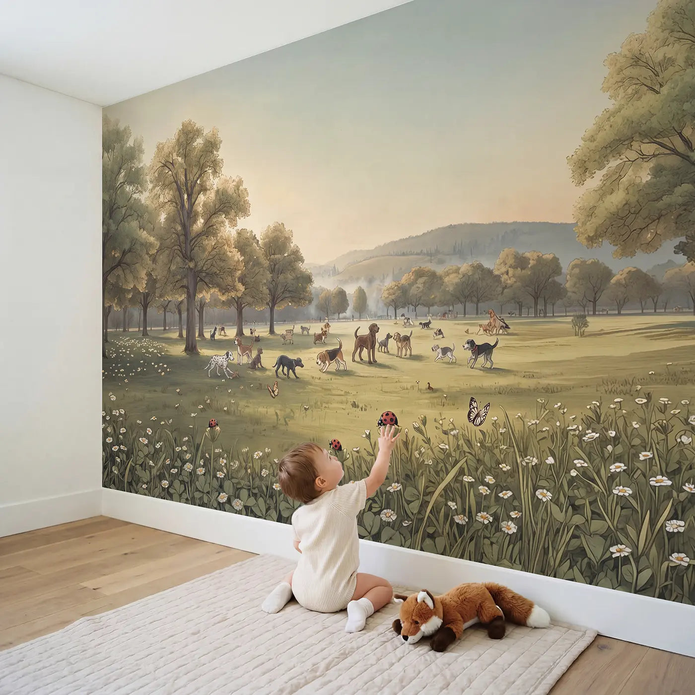 Child in nursery with Dog Park Panorama Varied Wallpaper Mural by Whimsy Tots