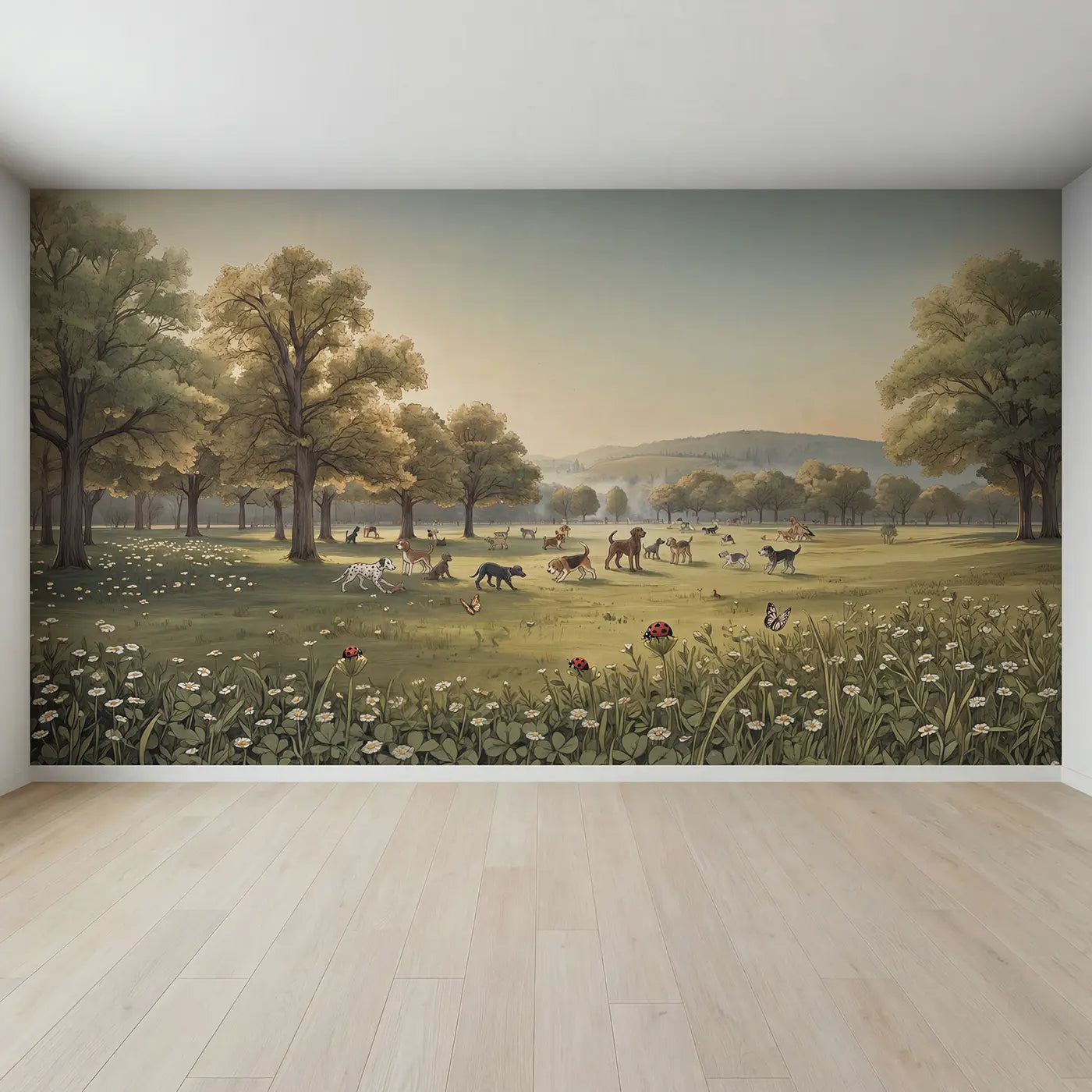 Full view of Dog Park Panorama Varied Wallpaper Mural by Whimsy Tots