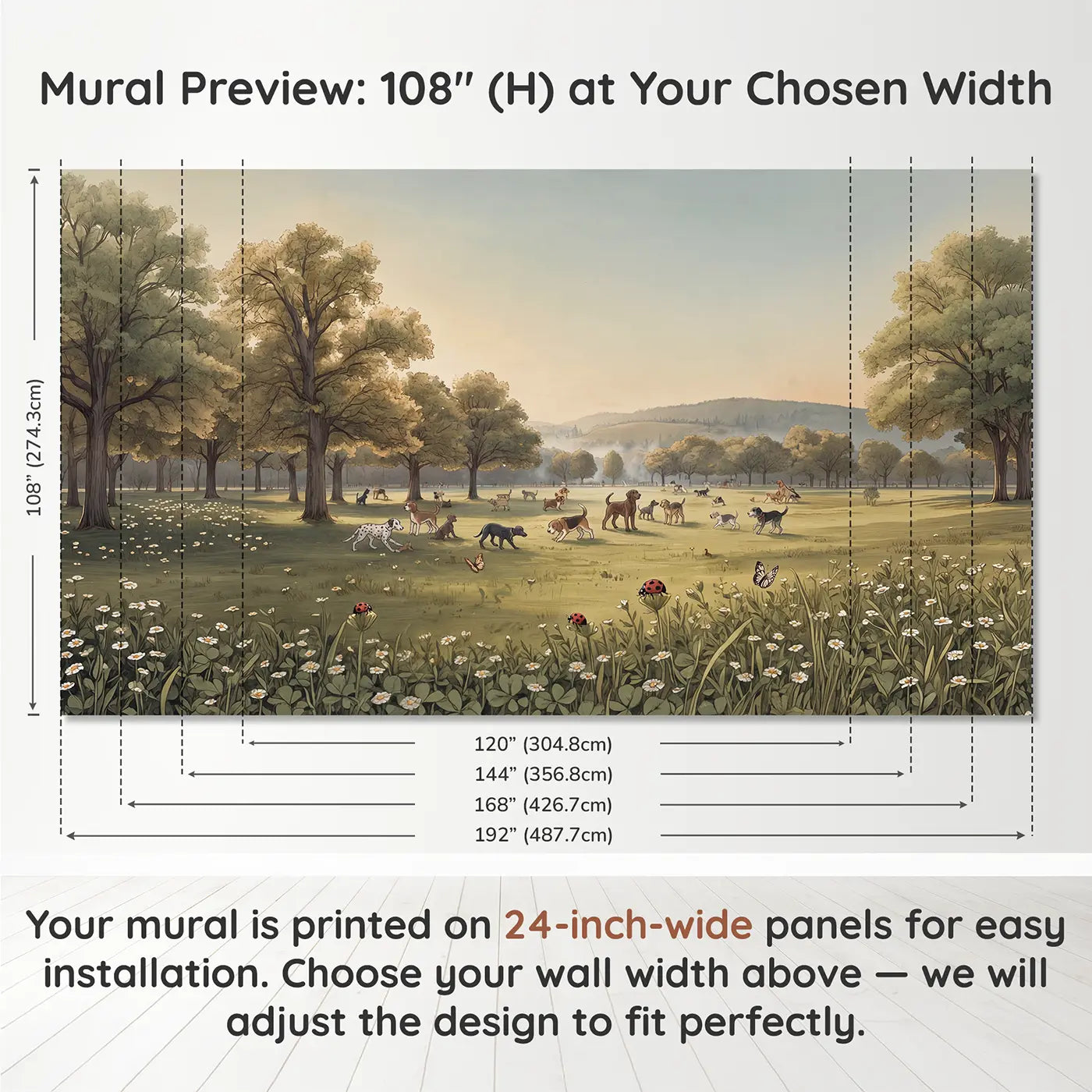 Panel layout and dimensions for Dog Park Panorama Varied Wallpaper Mural by Whimsy Tots