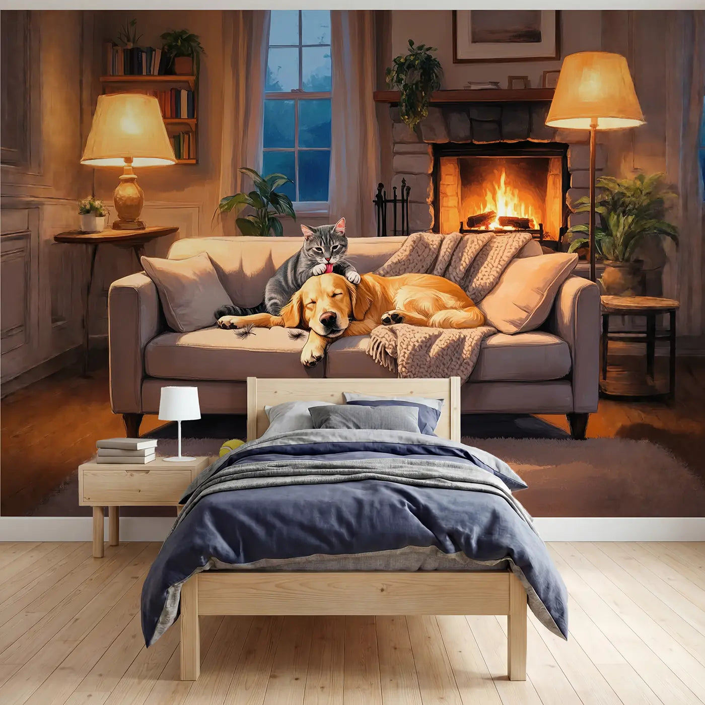 soft pastel cat and dog evening couch mural for kids room by Whimsy Tots