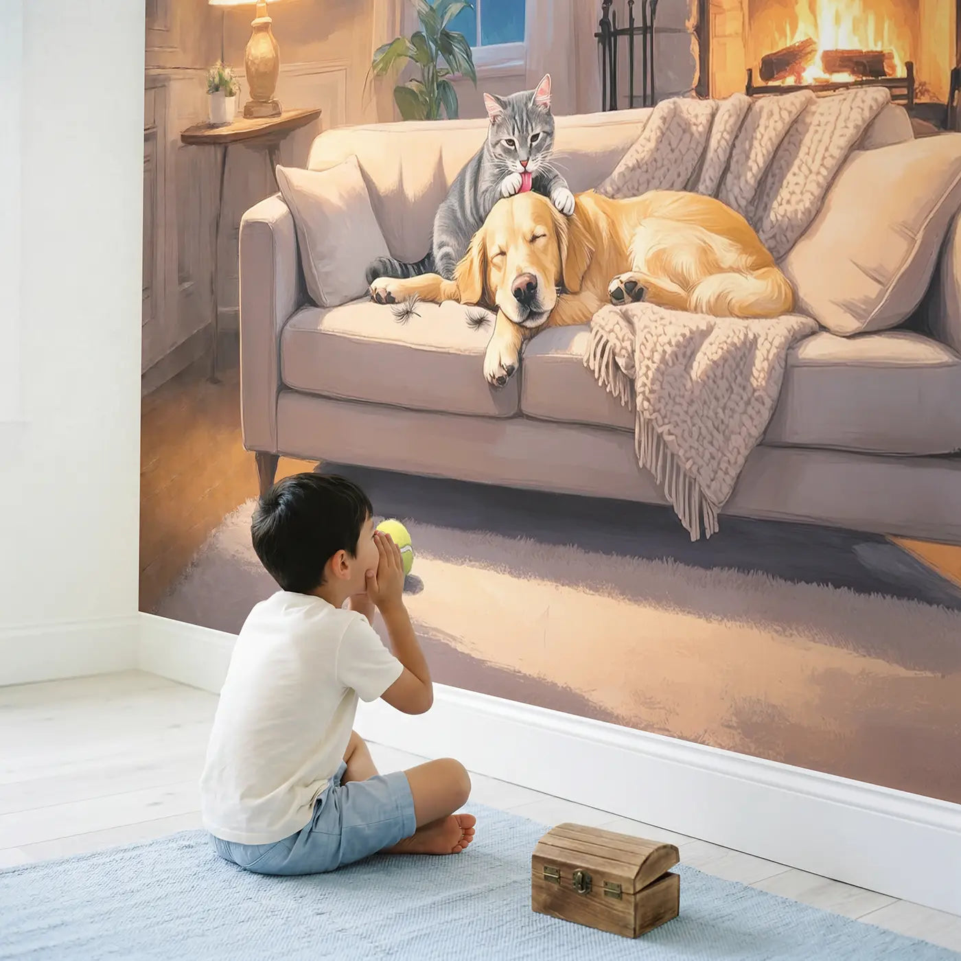 Child in nursery with Cat Grooming Dog Evening Couch Wallpaper Mural by Whimsy Tots