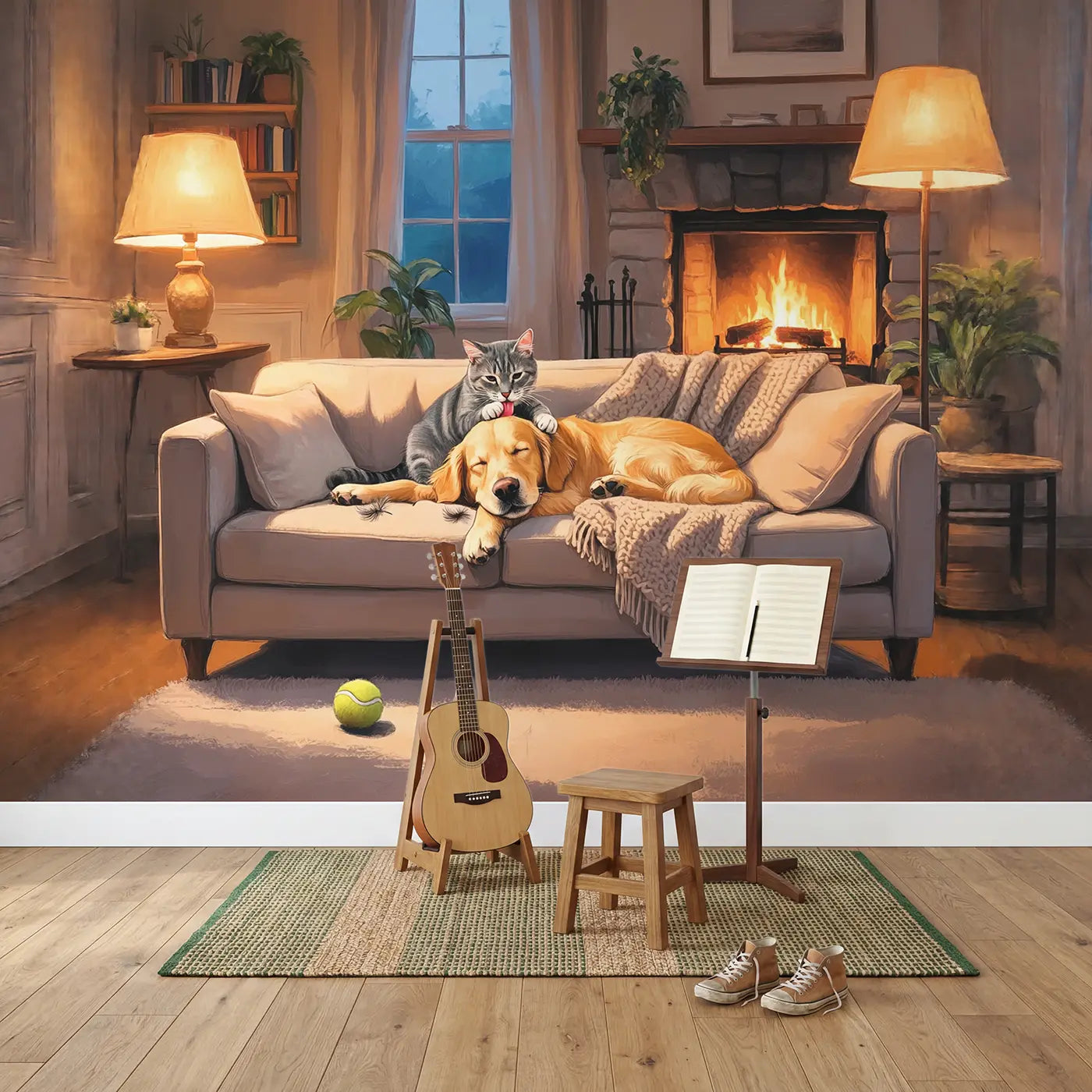 Cat Grooming Dog Evening Couch Wallpaper Mural in playroom setting by Whimsy Tots