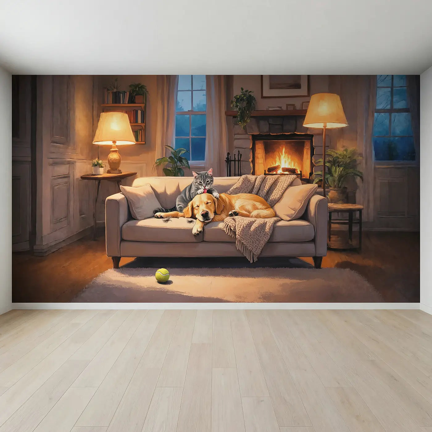 Full view of Cat Grooming Dog Evening Couch Wallpaper Mural by Whimsy Tots
