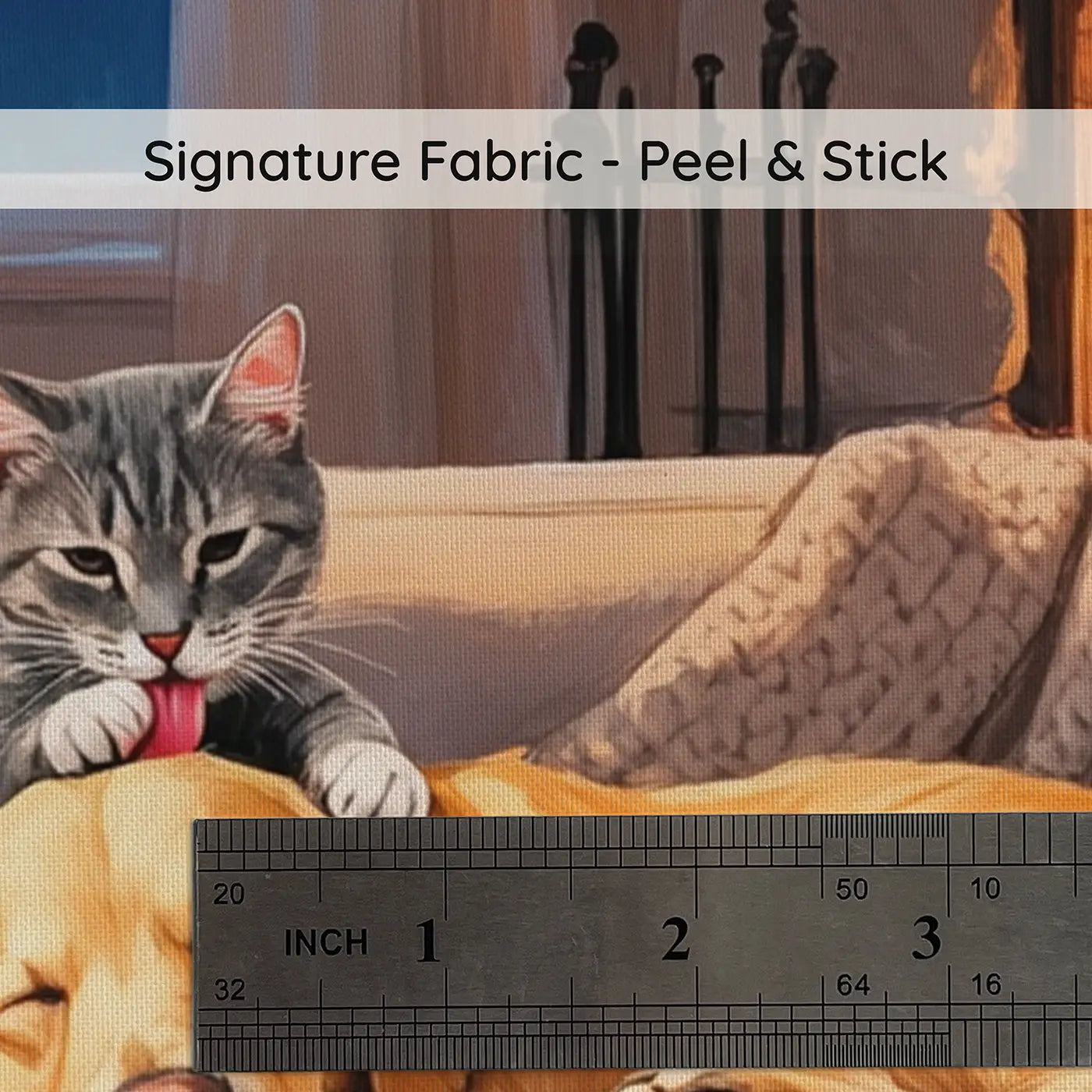 Fabric texture close-up of Cat Grooming Dog Evening Couch Wallpaper Mural by Whimsy Tots