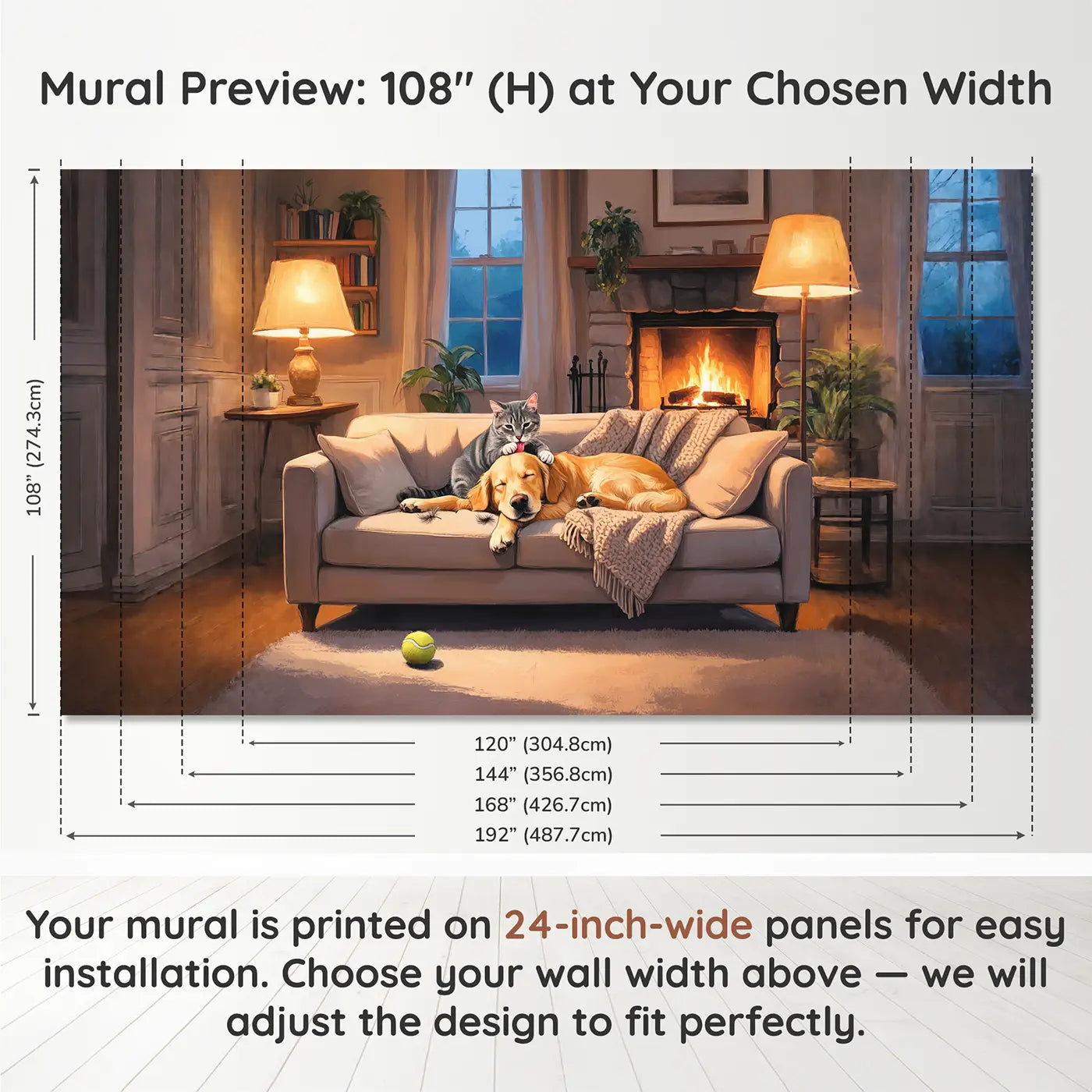 Panel layout and dimensions for Cat Grooming Dog Evening Couch Wallpaper Mural by Whimsy Tots