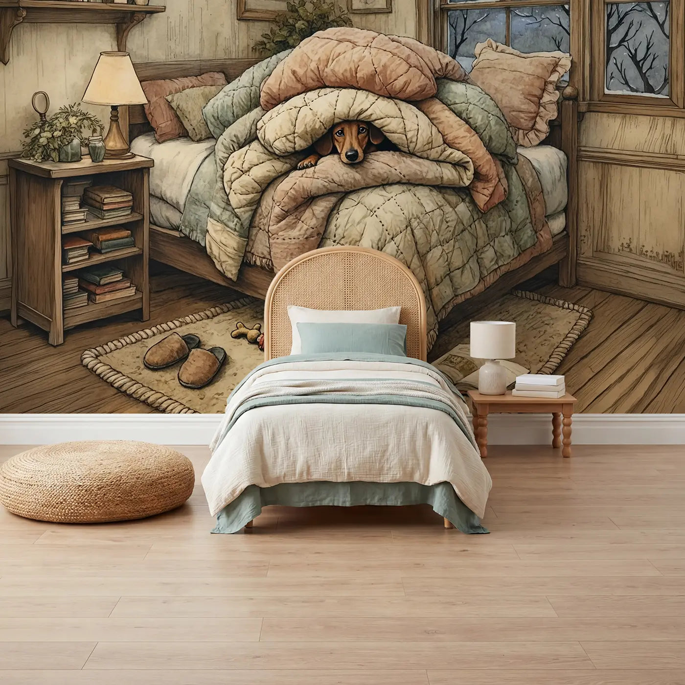 Storybook dachshund and dog wallpaper mural for kids room by Whimsy Tots
