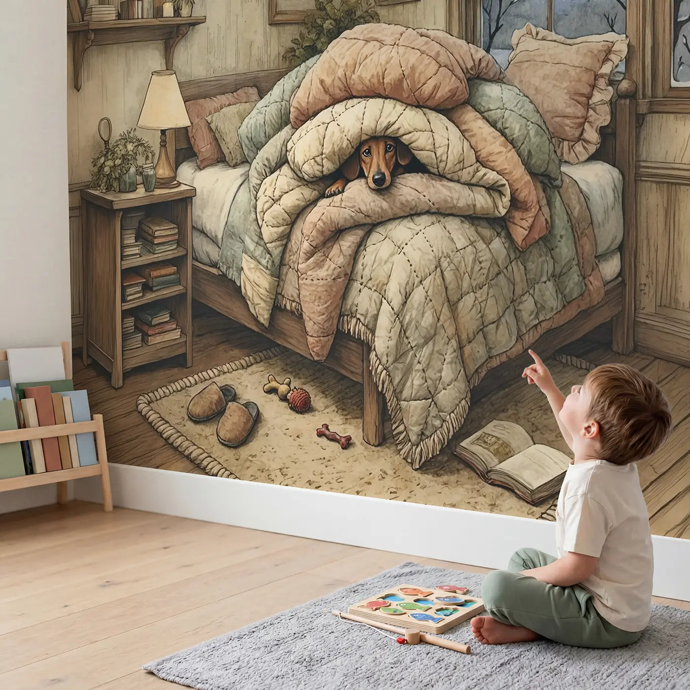 Child in nursery with Dachshund Blanket Burrow Wallpaper Mural by Whimsy Tots