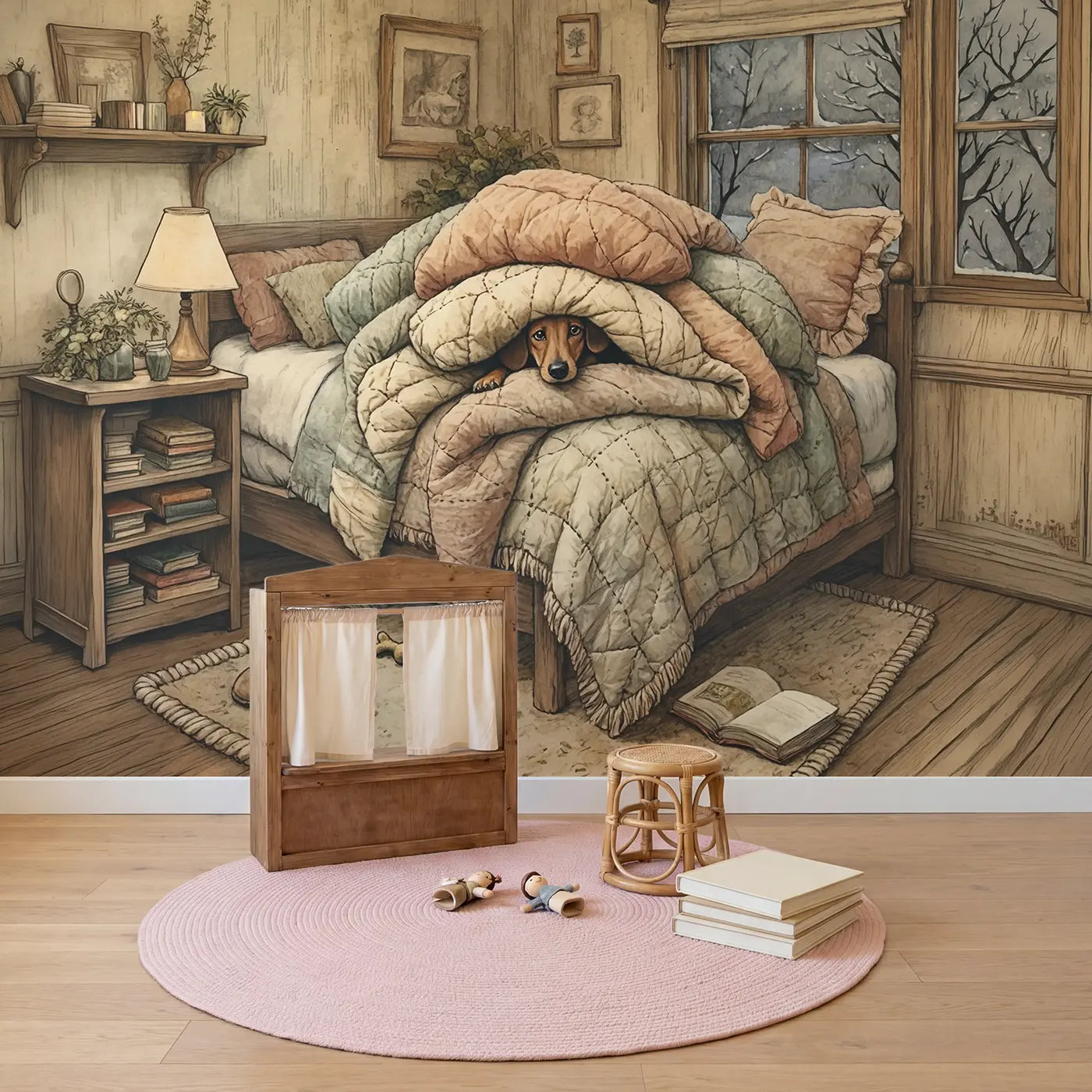 Dachshund Blanket Burrow Wallpaper Mural in playroom setting by Whimsy Tots