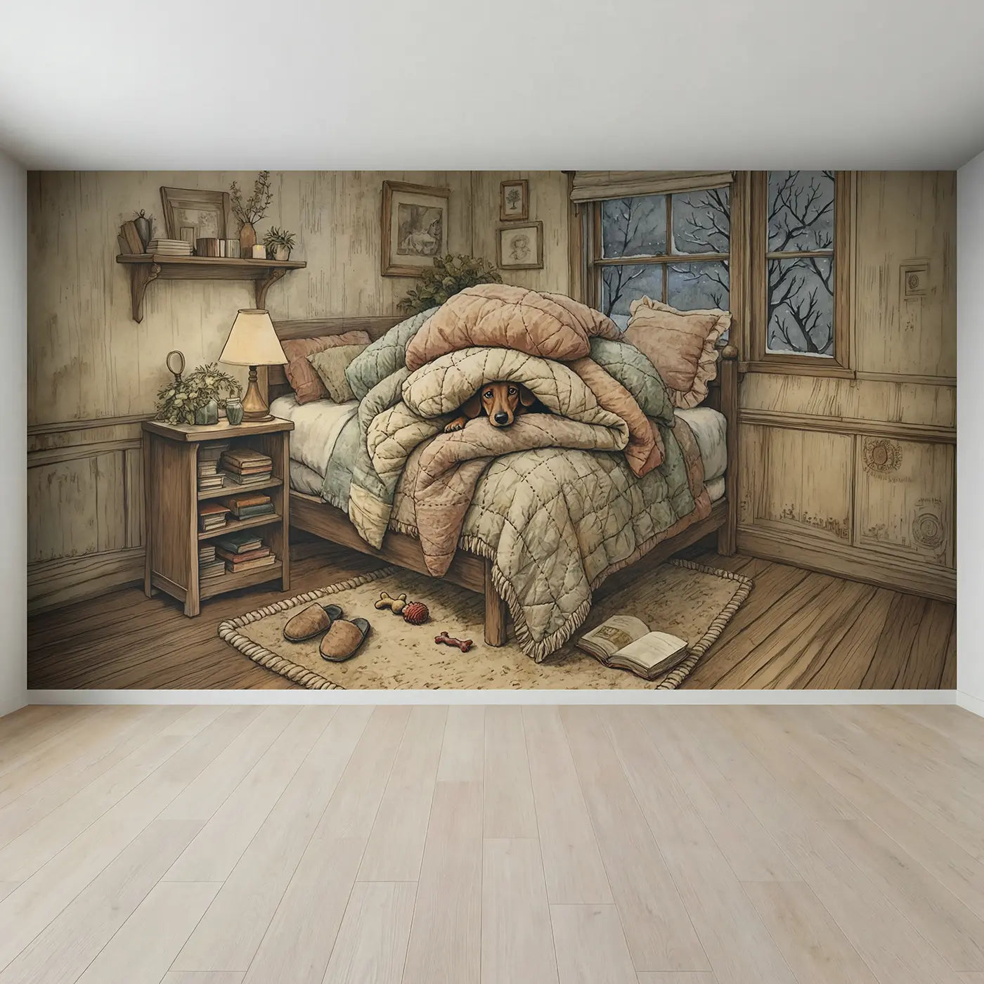 Full view of Dachshund Blanket Burrow Wallpaper Mural by Whimsy Tots