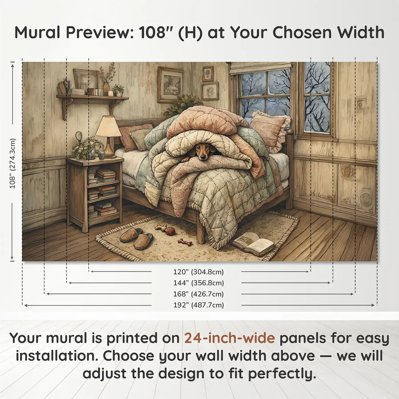 Panel layout and dimensions for Dachshund Blanket Burrow Wallpaper Mural by Whimsy Tots