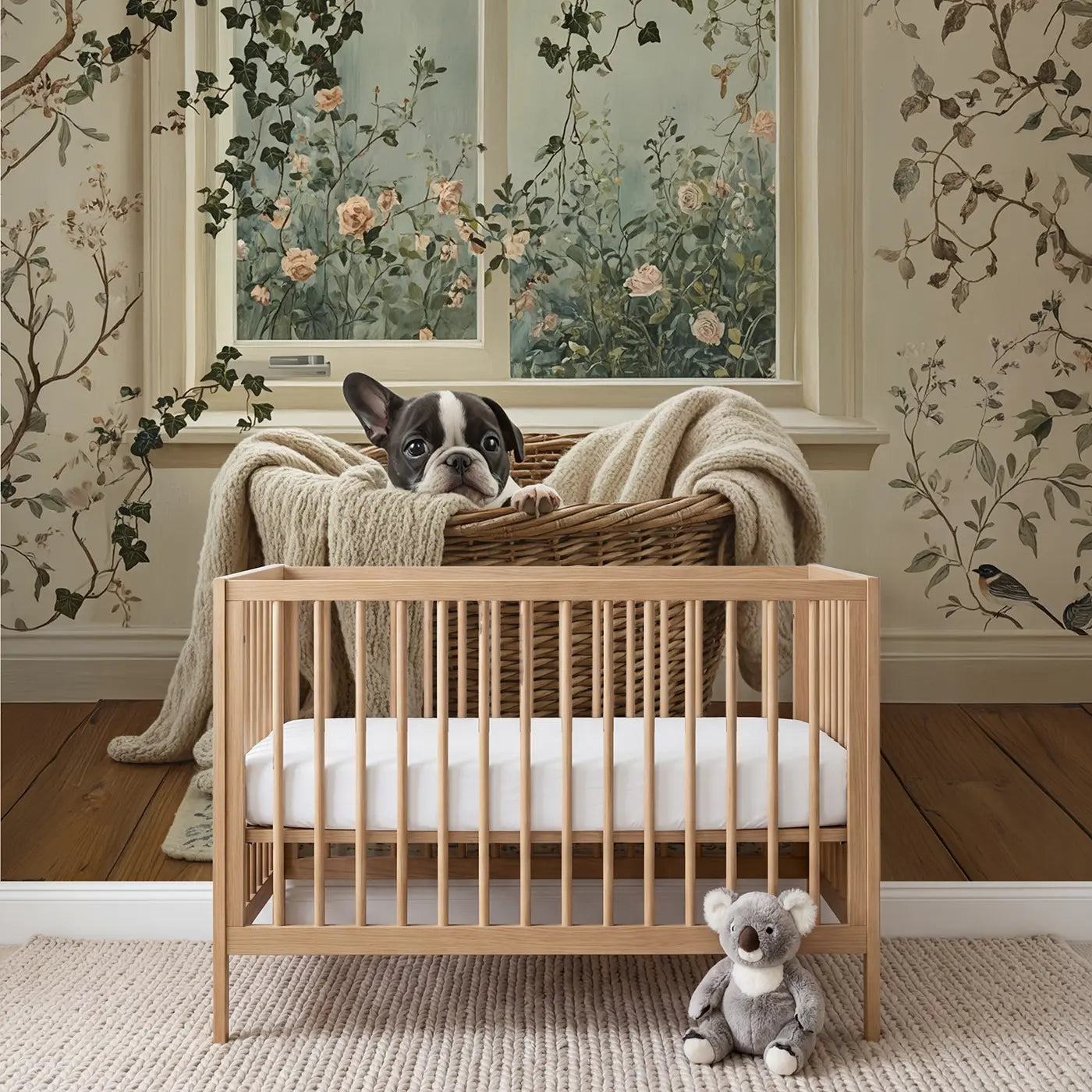 Botanical elegance French bulldog basket wallpaper mural for kids room by Whimsy Tots