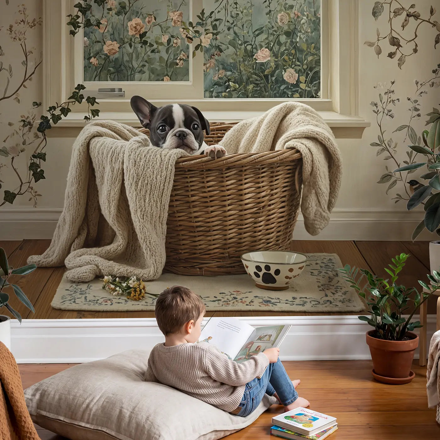 Child in nursery with French Bulldog Basket Wallpaper Mural by Whimsy Tots