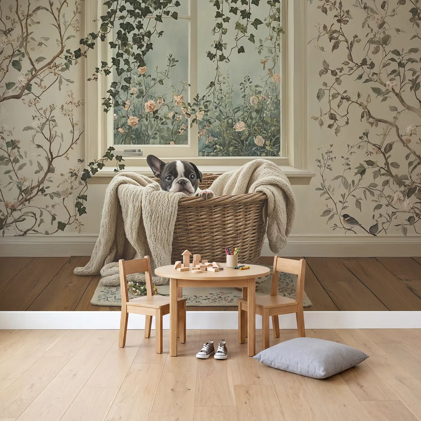 French Bulldog Basket Wallpaper Mural in playroom setting by Whimsy Tots