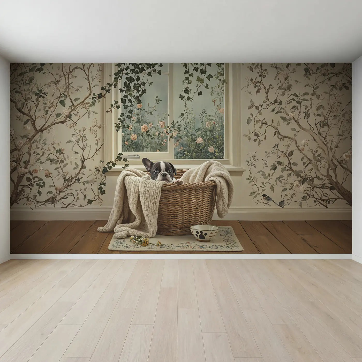 Full view of French Bulldog Basket Wallpaper Mural by Whimsy Tots