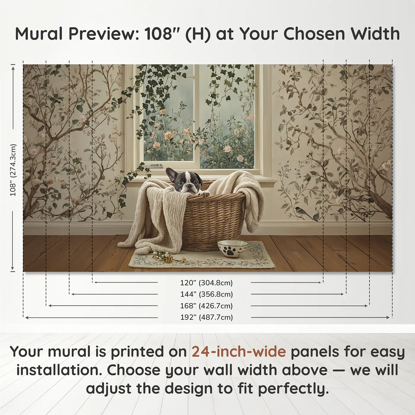 Panel layout and dimensions for French Bulldog Basket Wallpaper Mural by Whimsy Tots