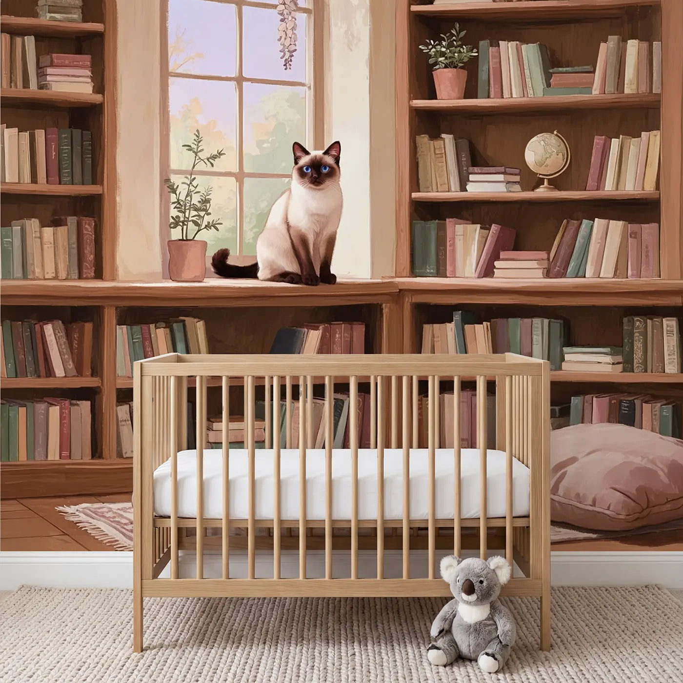 soft pastel Siamese cat library books wallpaper mural for nursery by Whimsy Tots