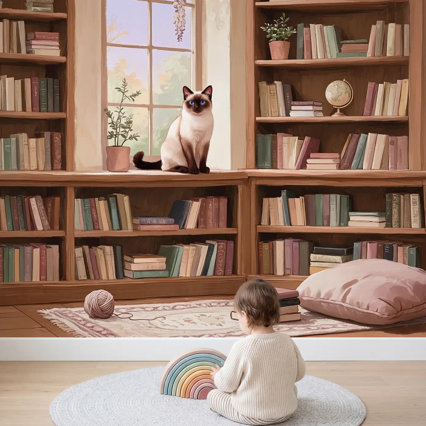 Child in nursery with Siamese Cat Library Wallpaper Mural by Whimsy Tots