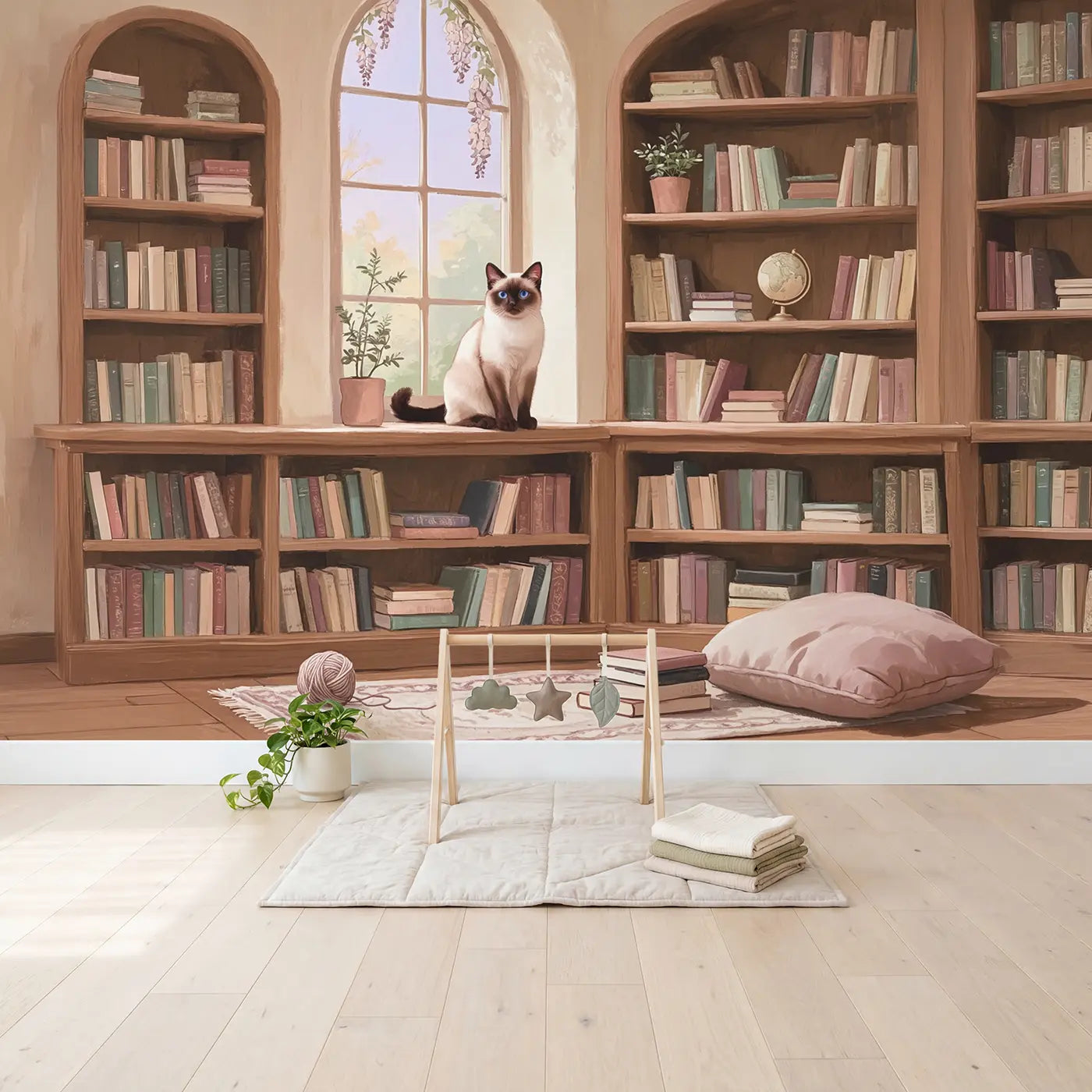 Siamese Cat Library Wallpaper Mural in playroom setting by Whimsy Tots