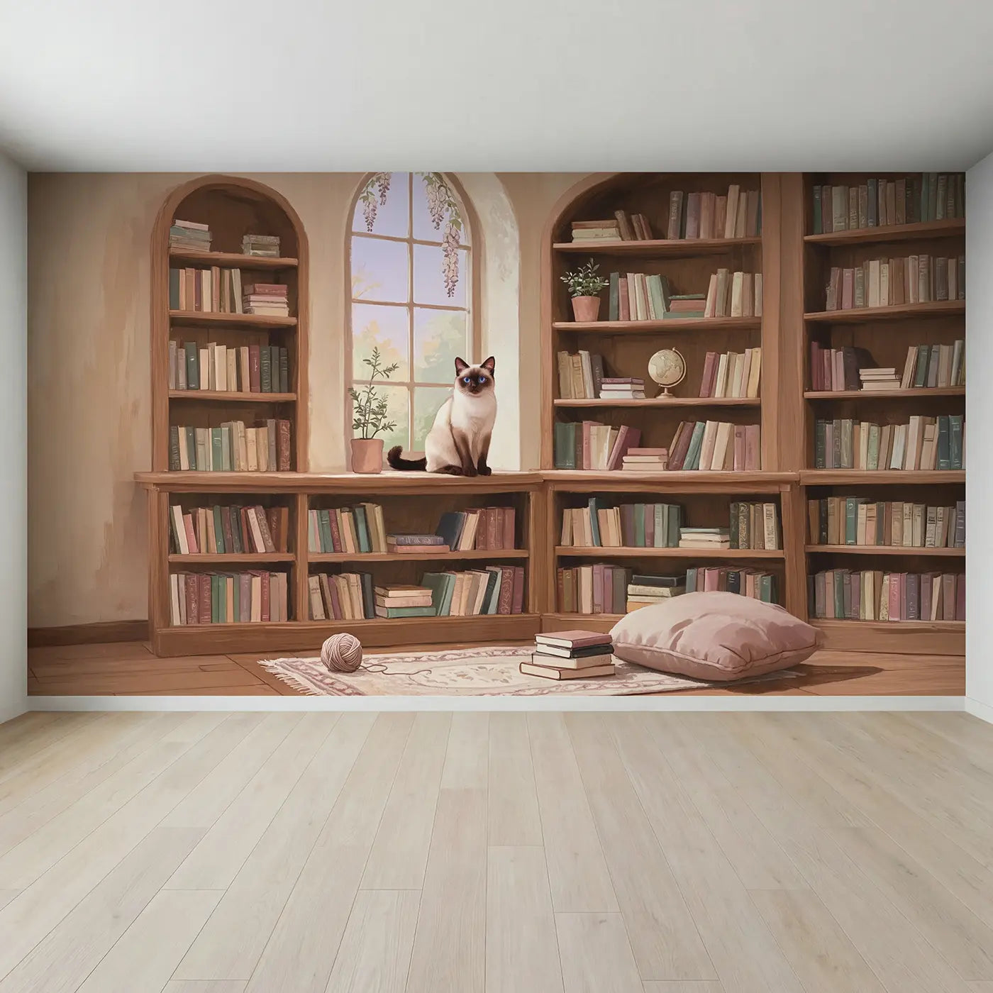 Full view of Siamese Cat Library Wallpaper Mural by Whimsy Tots