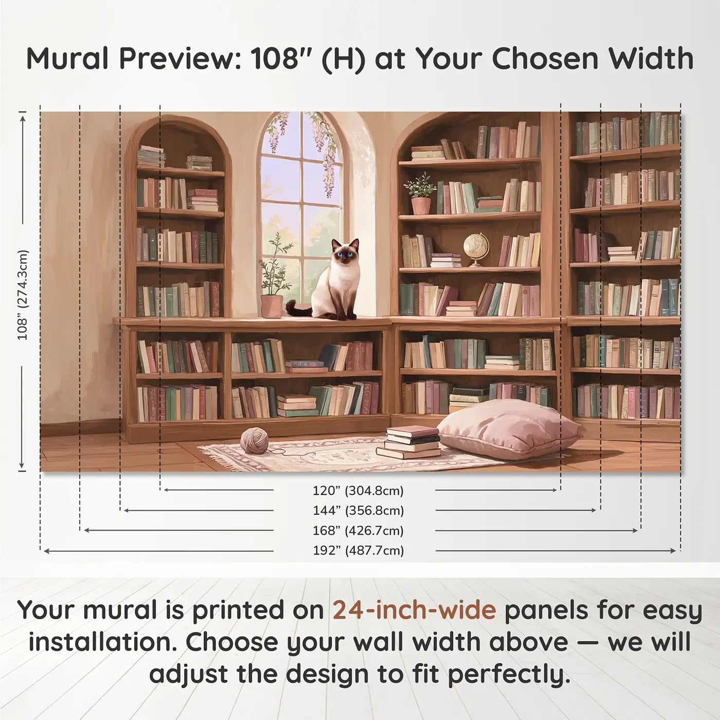 Panel layout and dimensions for Siamese Cat Library Wallpaper Mural by Whimsy Tots