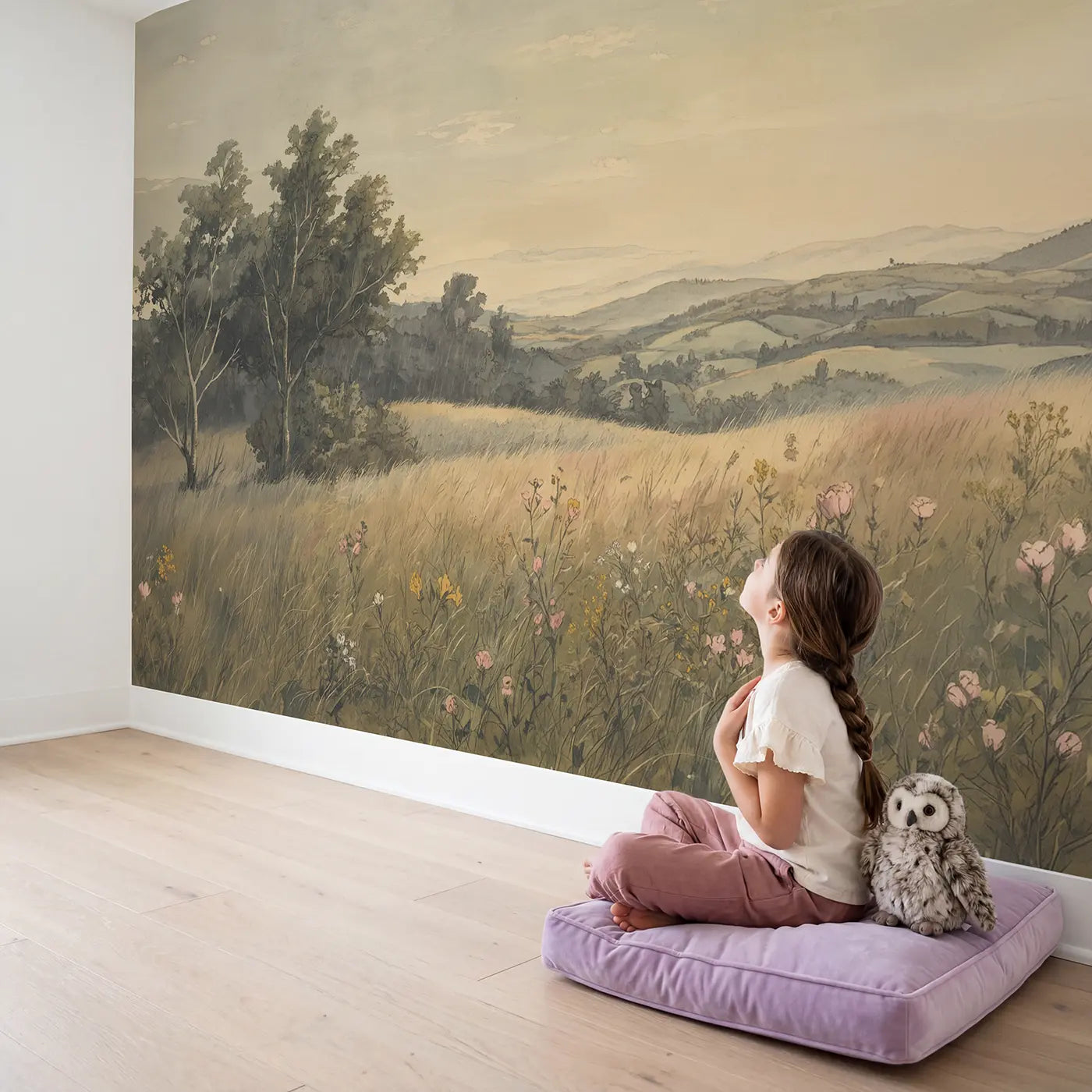 Child in nursery with Rainy Window View Cat Wallpaper Mural by Whimsy Tots
