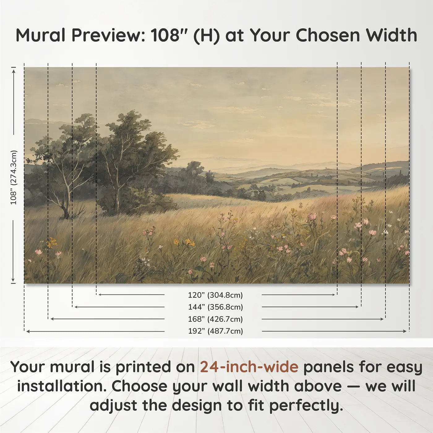 Panel layout and dimensions for Rainy Window View Cat Wallpaper Mural by Whimsy Tots